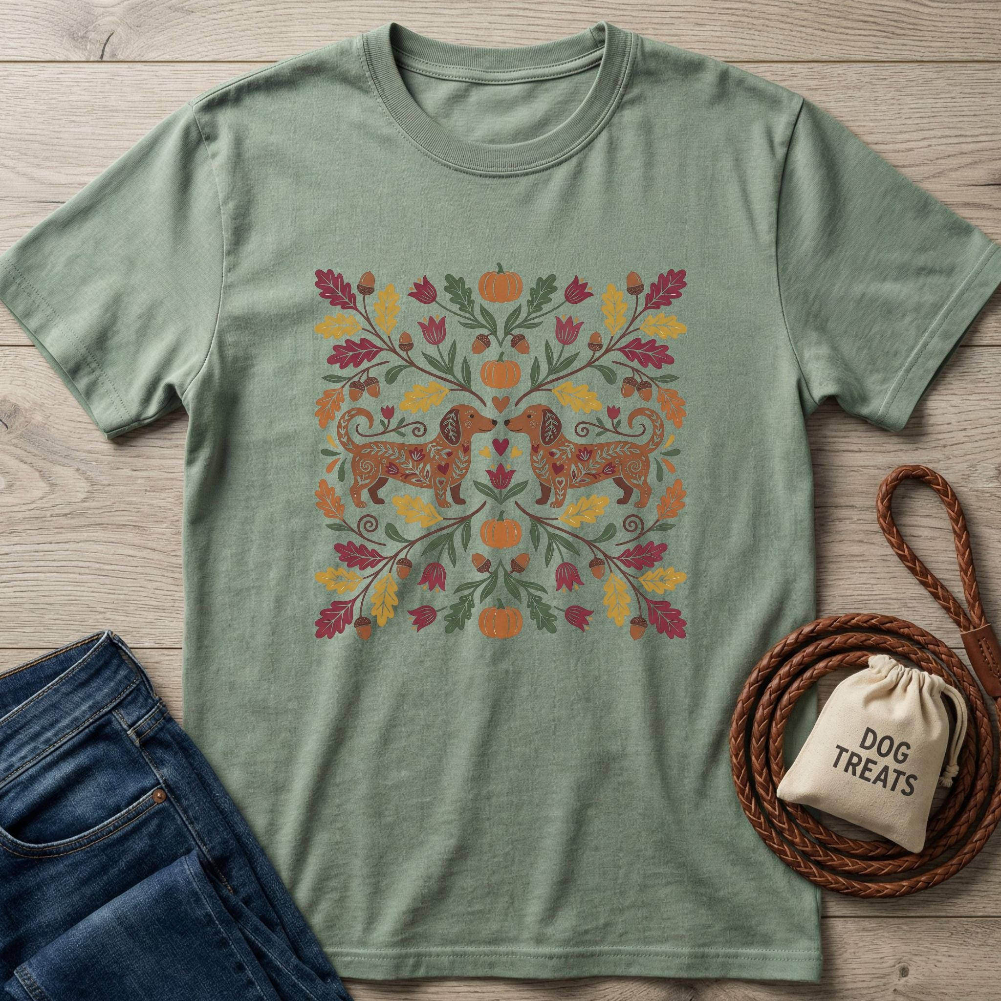 Sage green Gildan Softstyle t-shirt with two dachshunds surrounded by fall leaves, pumpkins, and acorns.