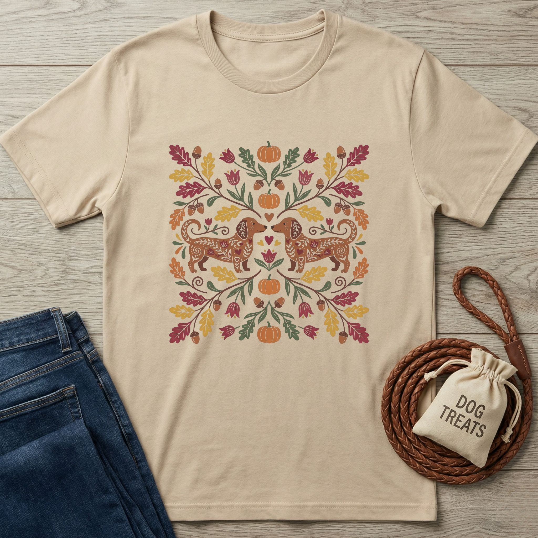 Beige Gildan Softstyle t-shirt with two dachshunds, pumpkins, and autumn leaves design, next to jeans and dog treats.