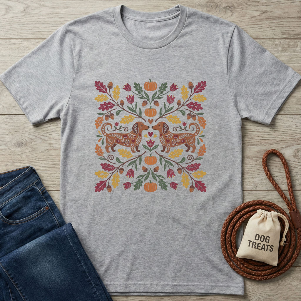 Light grey Gildan Softstyle t-shirt with two dachshunds surrounded by fall leaves and pumpkins.