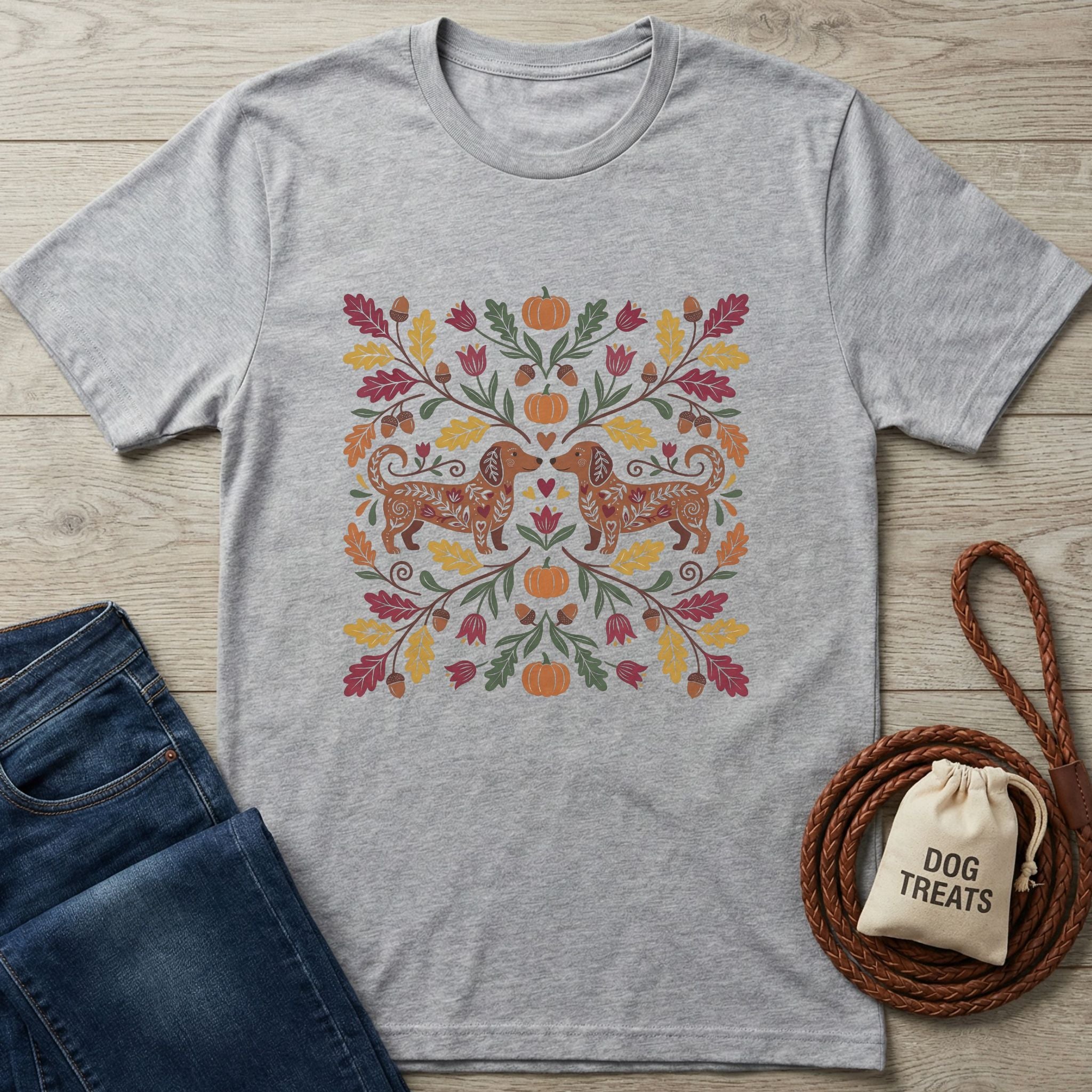 Light grey Gildan Softstyle t-shirt with two dachshunds surrounded by fall leaves and pumpkins.