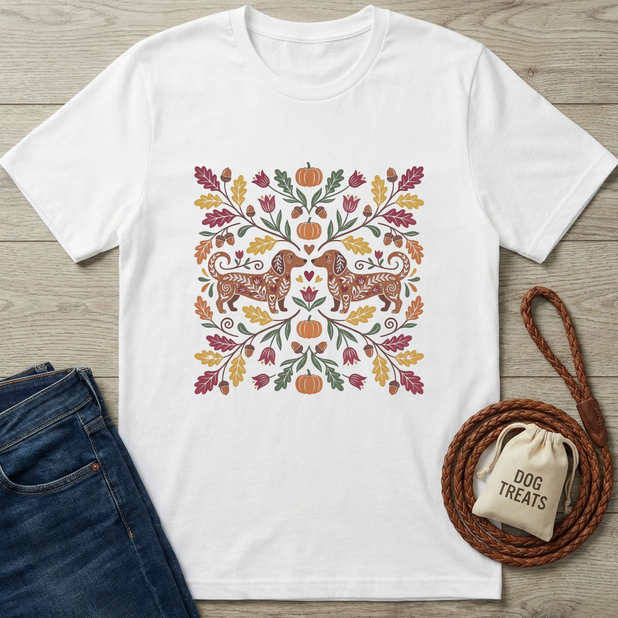 White Gildan Softstyle® 64000 t-shirt with a colorful fall-themed dachshund and pumpkin design.