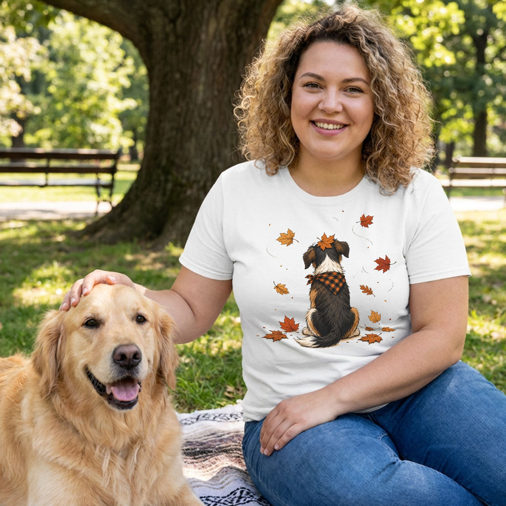 Woman wearing a white cotton t-shirt featuring a dog in a plaid bandana surrounded by falling autumn leaves.