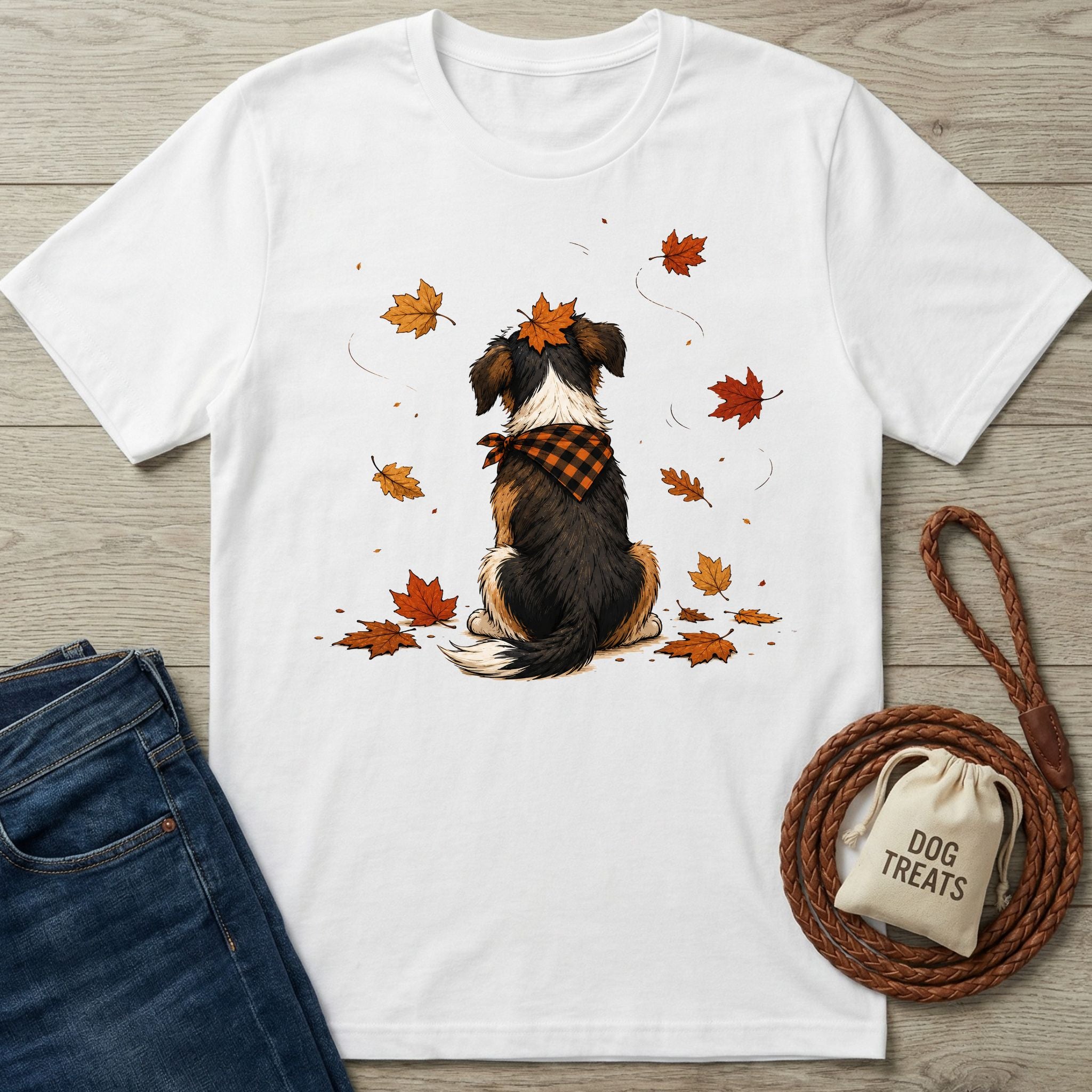 White crewneck t-shirt featuring a dog in a plaid bandana sitting among falling autumn leaves.