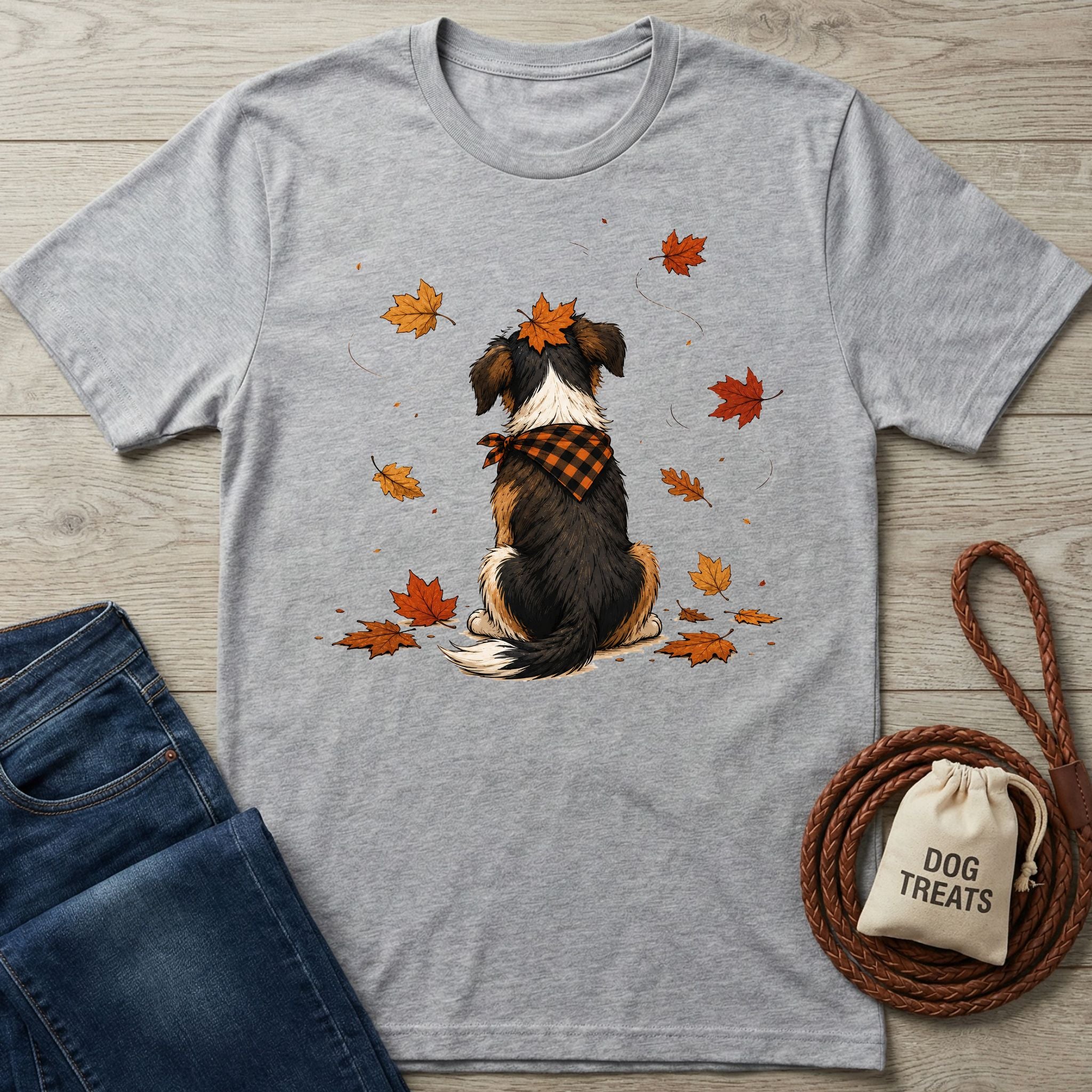 Grey crewneck t-shirt featuring a dog in a plaid bandana sitting among falling autumn leaves.