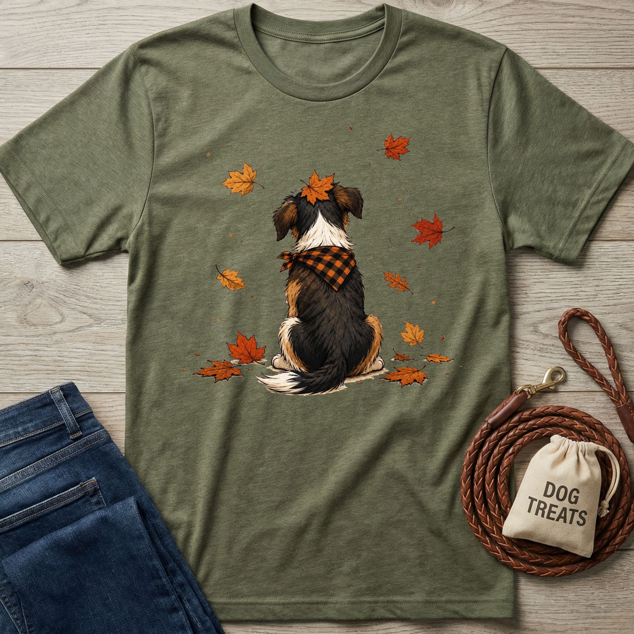 Olive green cotton t-shirt featuring a dog in a plaid bandana sitting among falling autumn leaves.