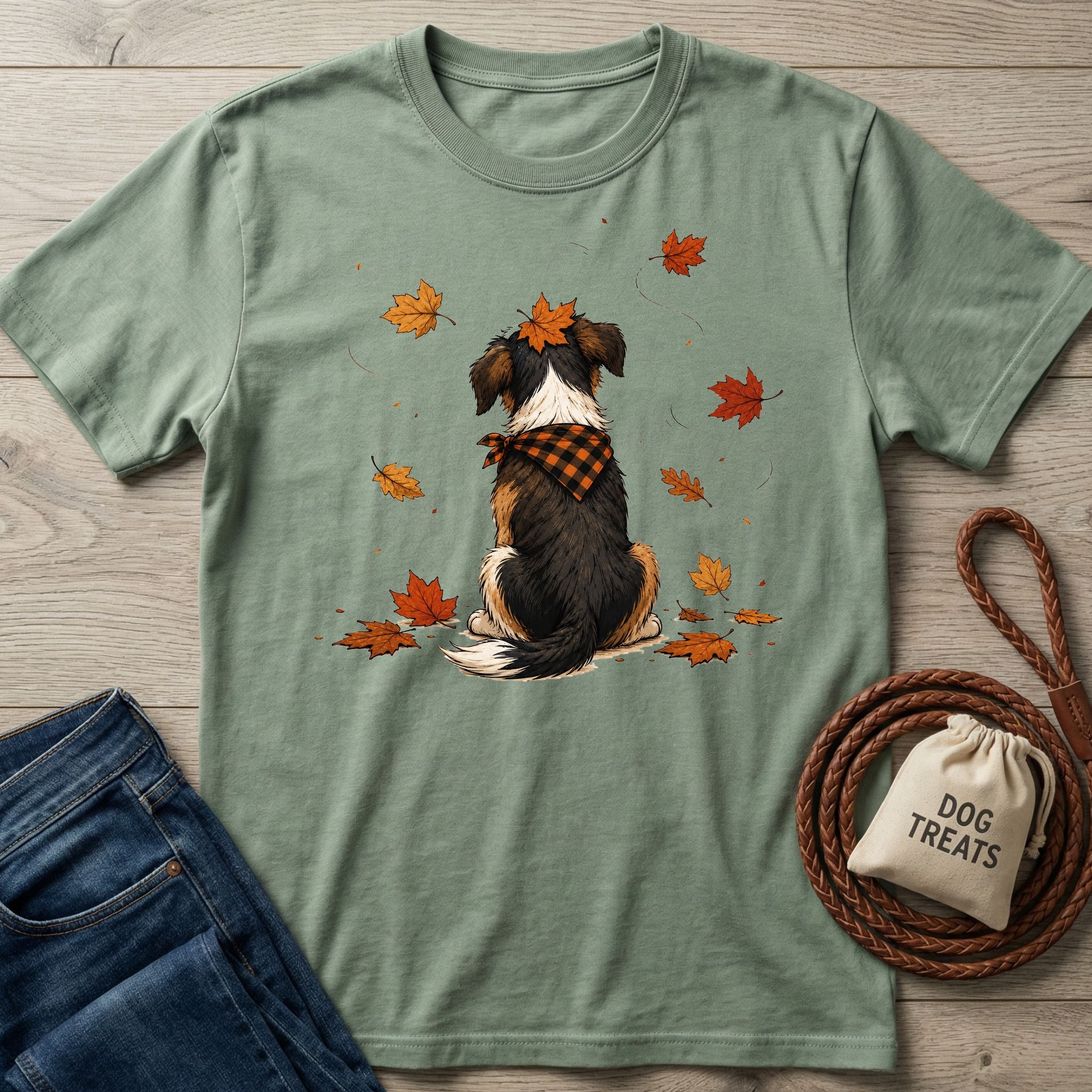 Sage green crewneck t-shirt featuring a dog in a plaid bandana sitting among falling autumn leaves.