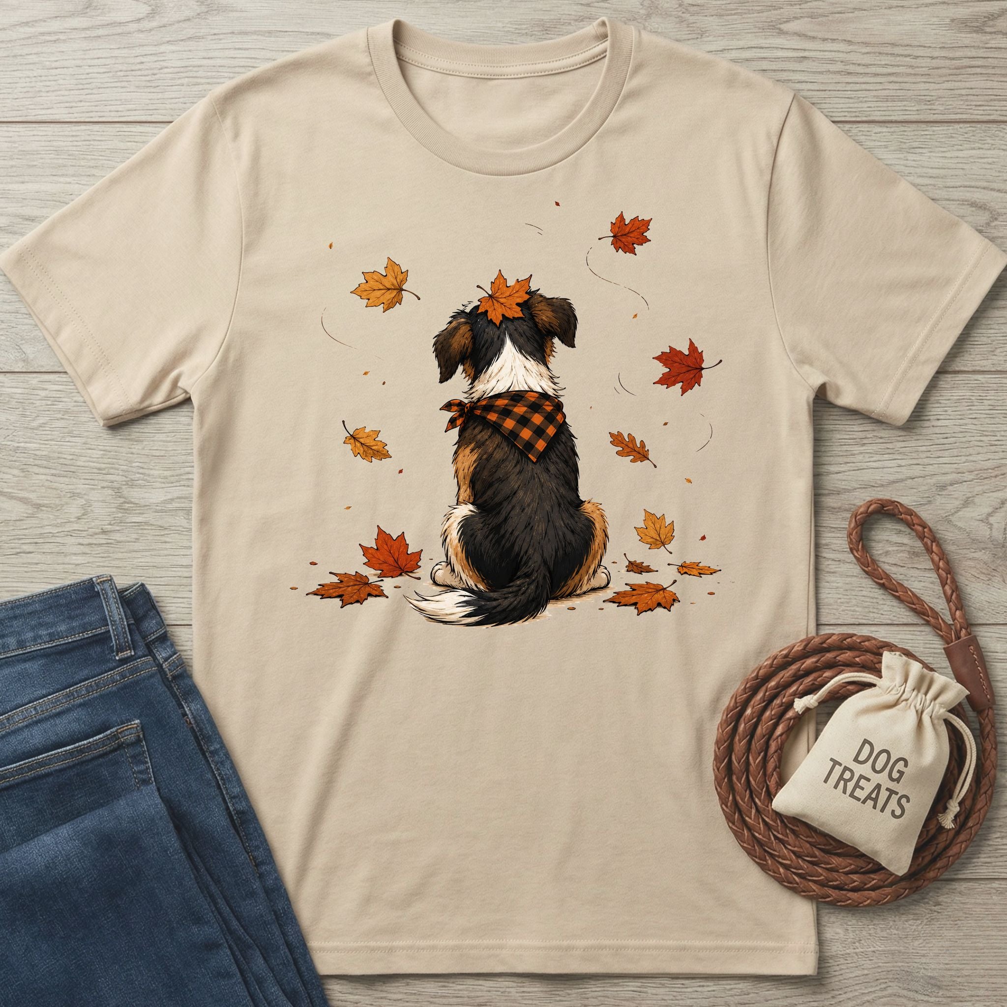 Beige crewneck t-shirt featuring a dog in a plaid bandana sitting among falling autumn leaves.