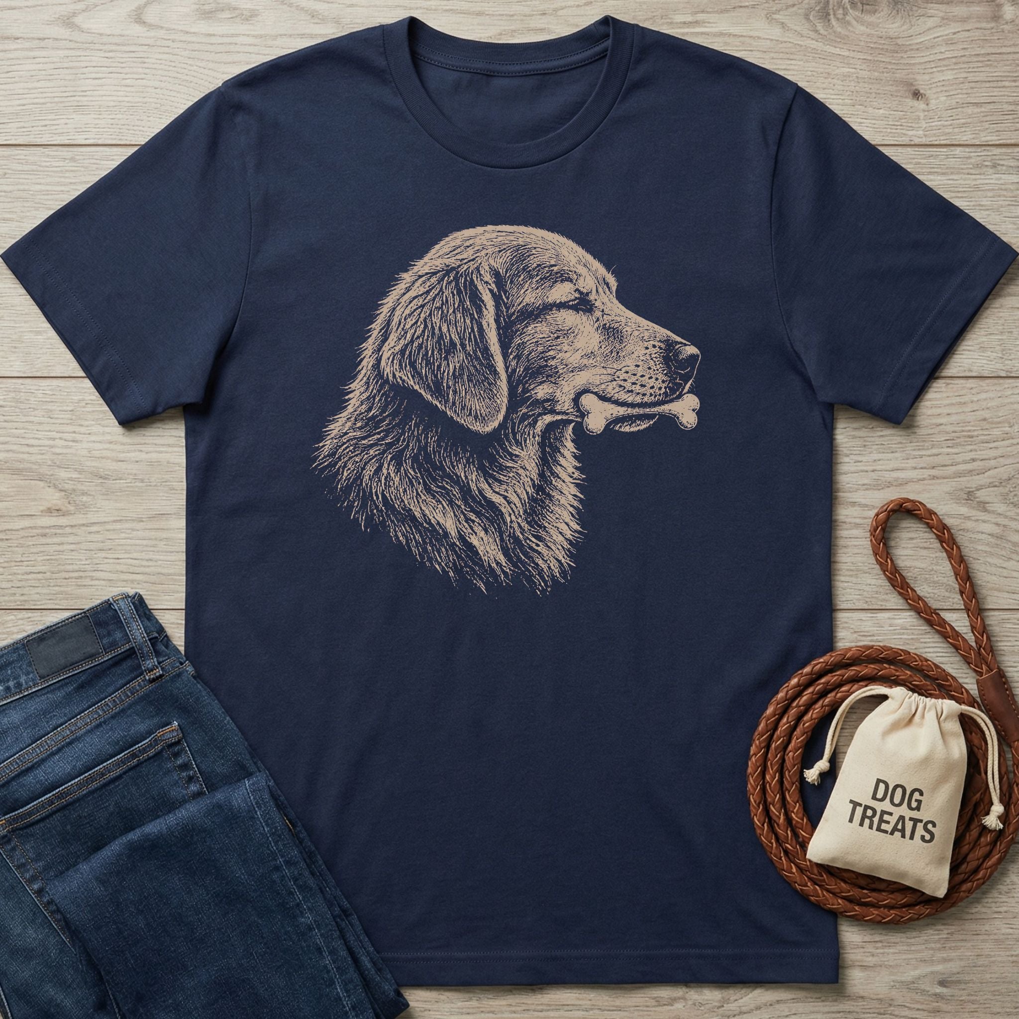 Navy t-shirt with a sketch-style graphic of a golden retriever holding a bone.