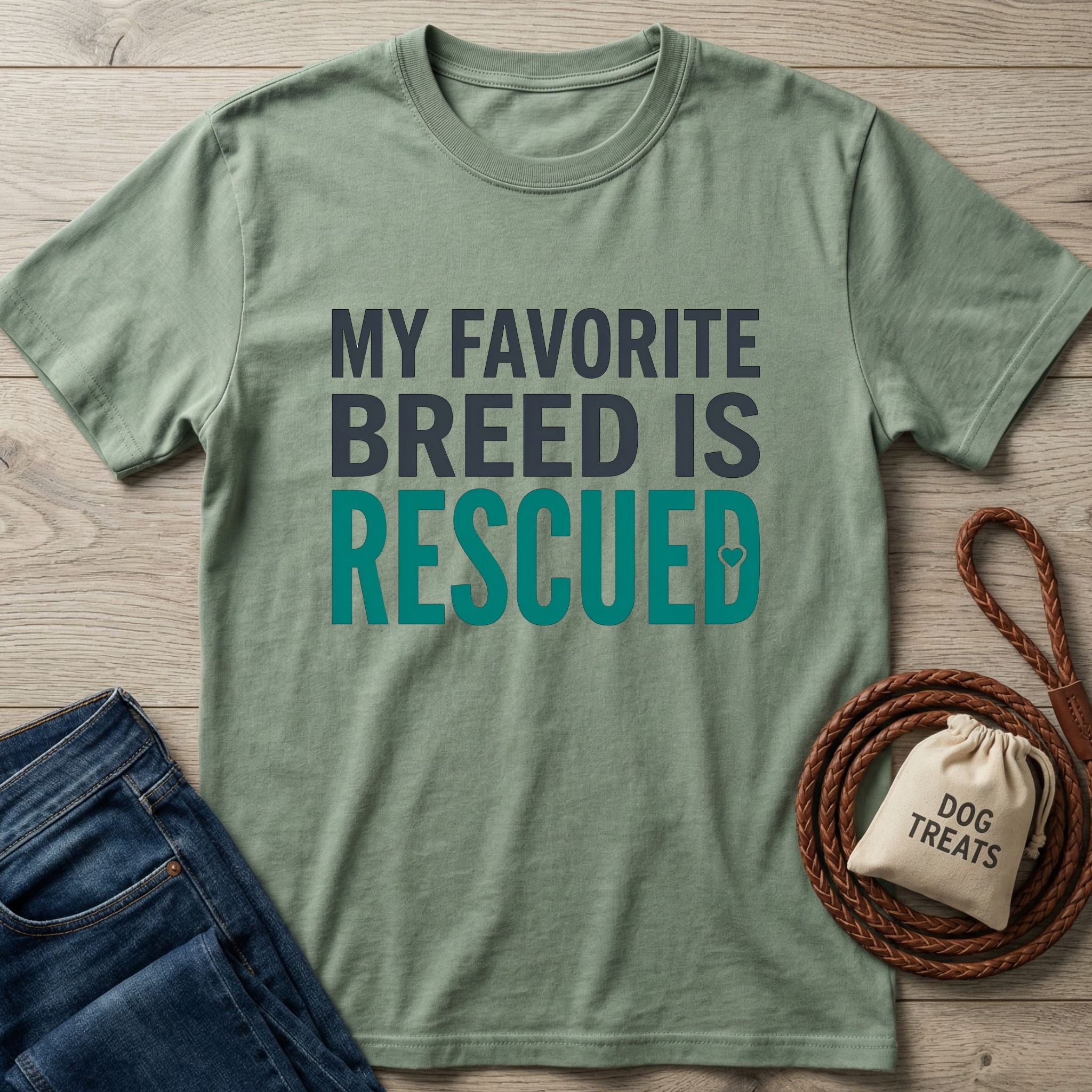 Sage green Gildan Softstyle® t-shirt with "My Favorite Breed Is Rescued" text, next to jeans and dog accessories.