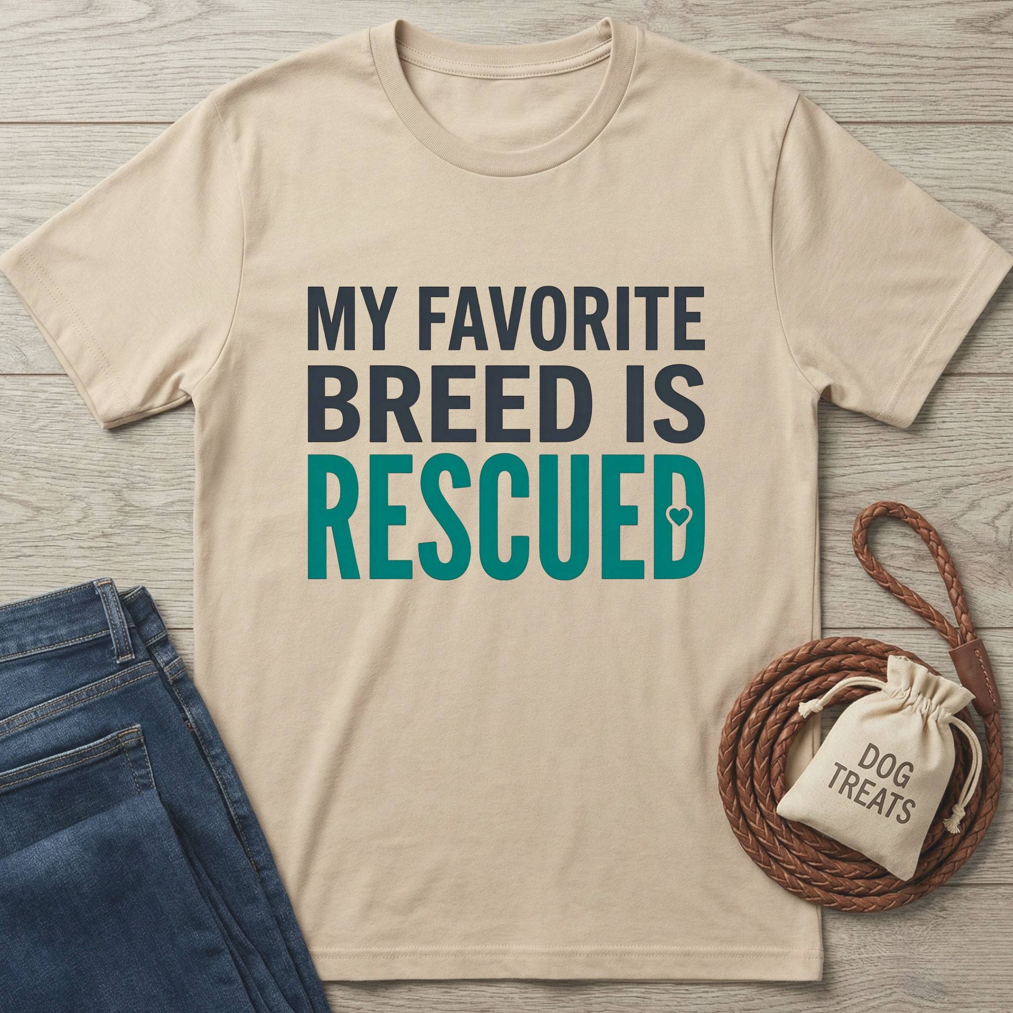 Beige Gildan Softstyle t-shirt with "My Favorite Breed Is Rescued" text, next to jeans and dog treats.