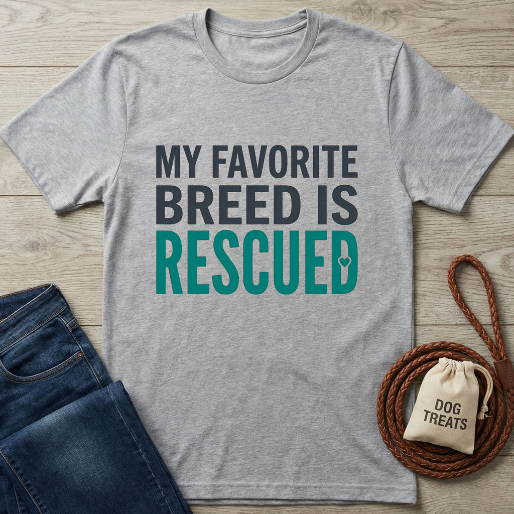 Gray Gildan Softstyle® t-shirt with "My Favorite Breed Is Rescued" text, next to jeans and dog treats.