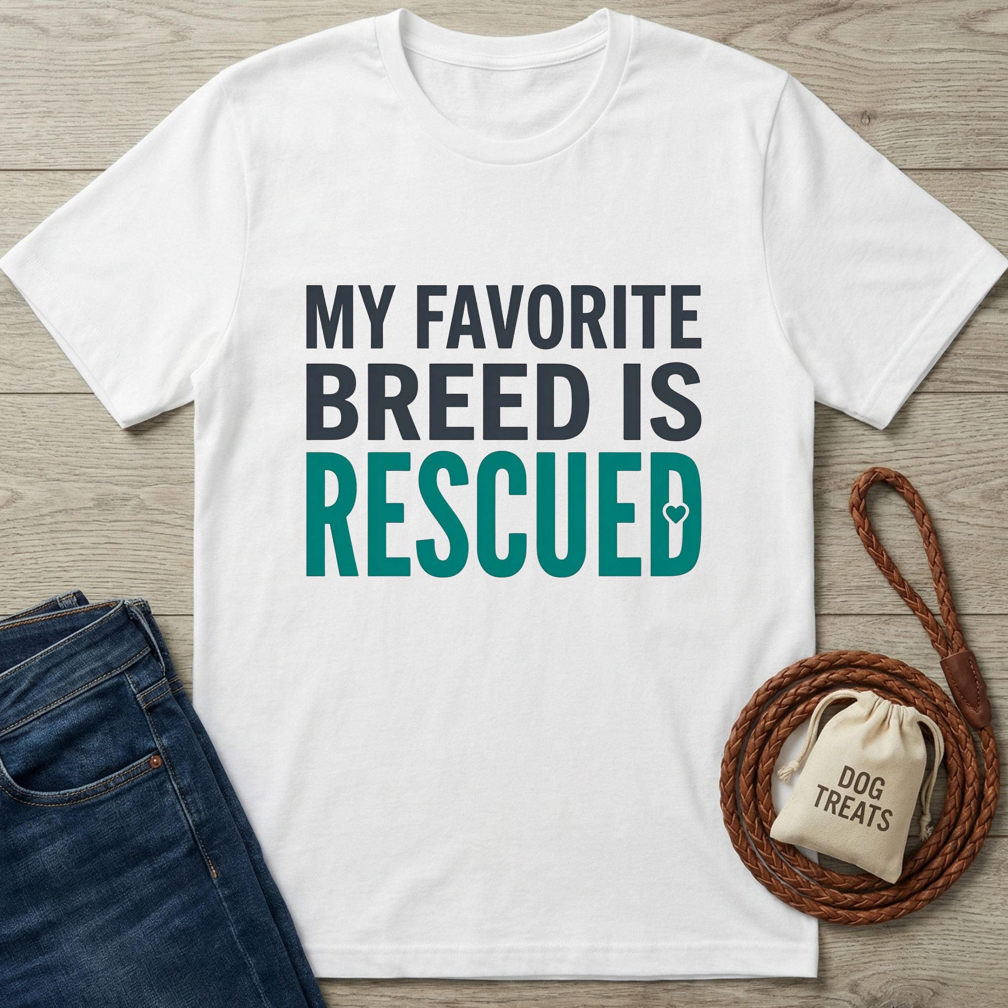 White Gildan Softstyle® 64000 t-shirt with "My Favorite Breed Is Rescued" text, shown with jeans and dog accessories.