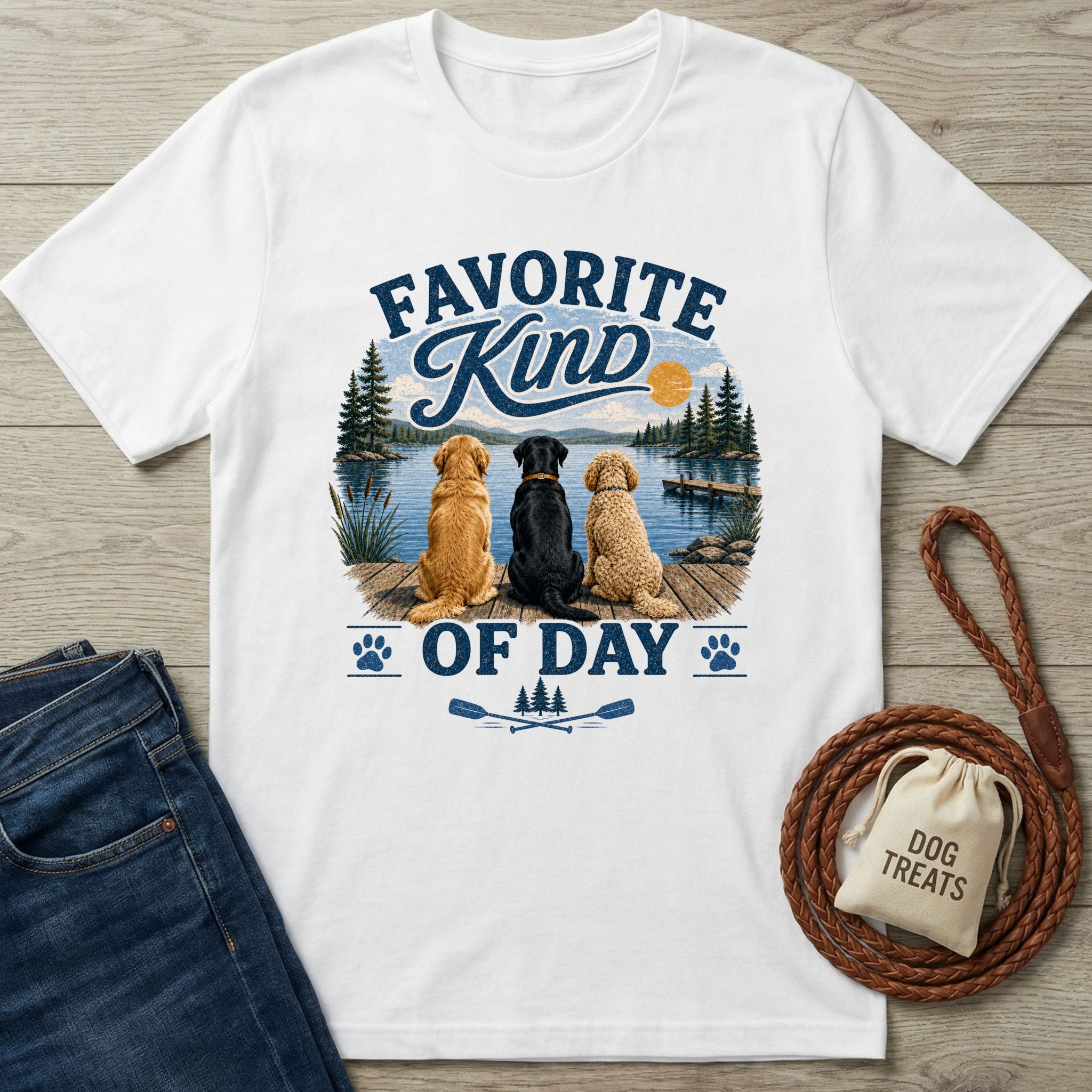 White cotton t-shirt featuring three dogs sitting on a dock by a lake with the text Favorite Kind of Day.