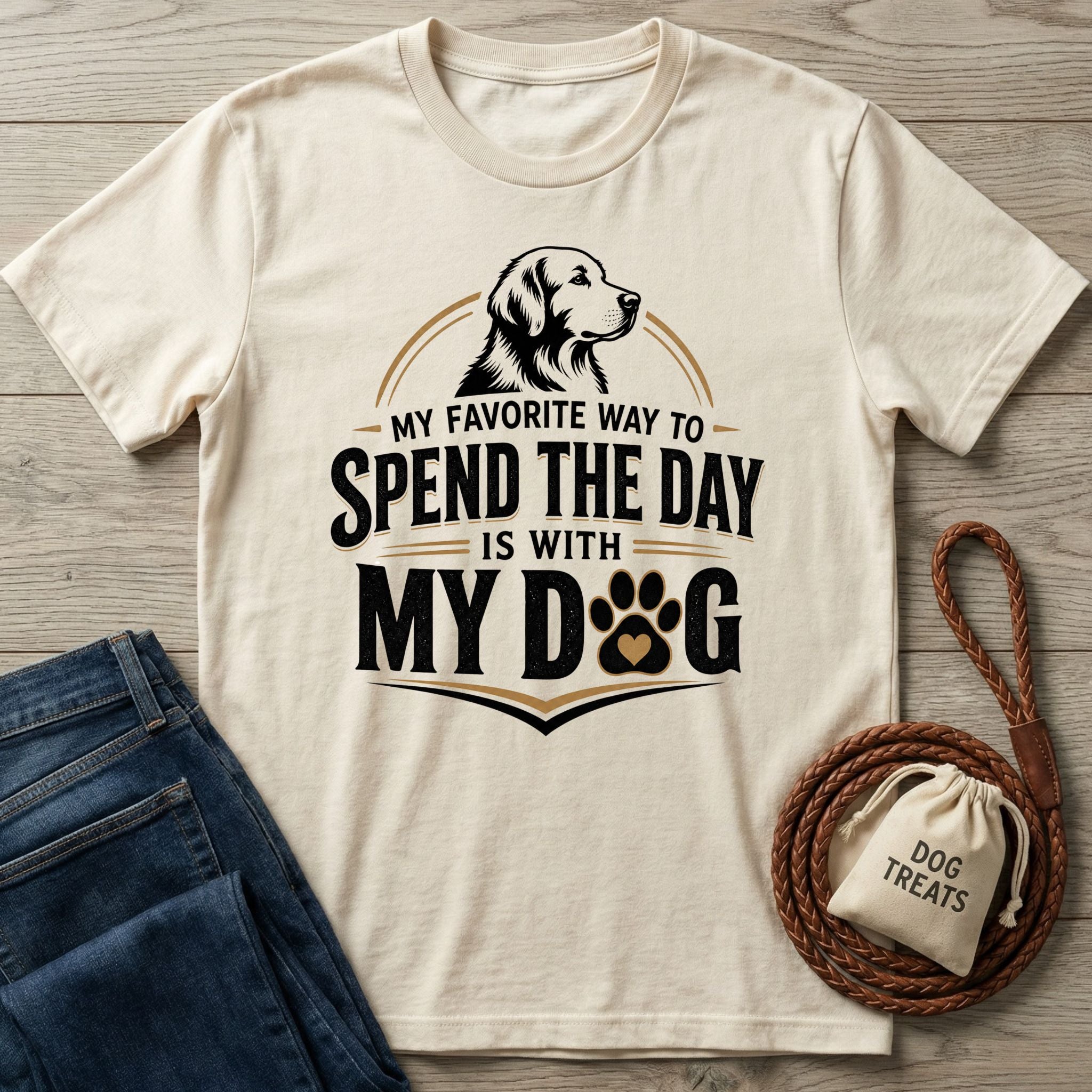 Cream-colored cotton t-shirt featuring a dog illustration and the text My Favorite Way To Spend The Day Is With My Dog.