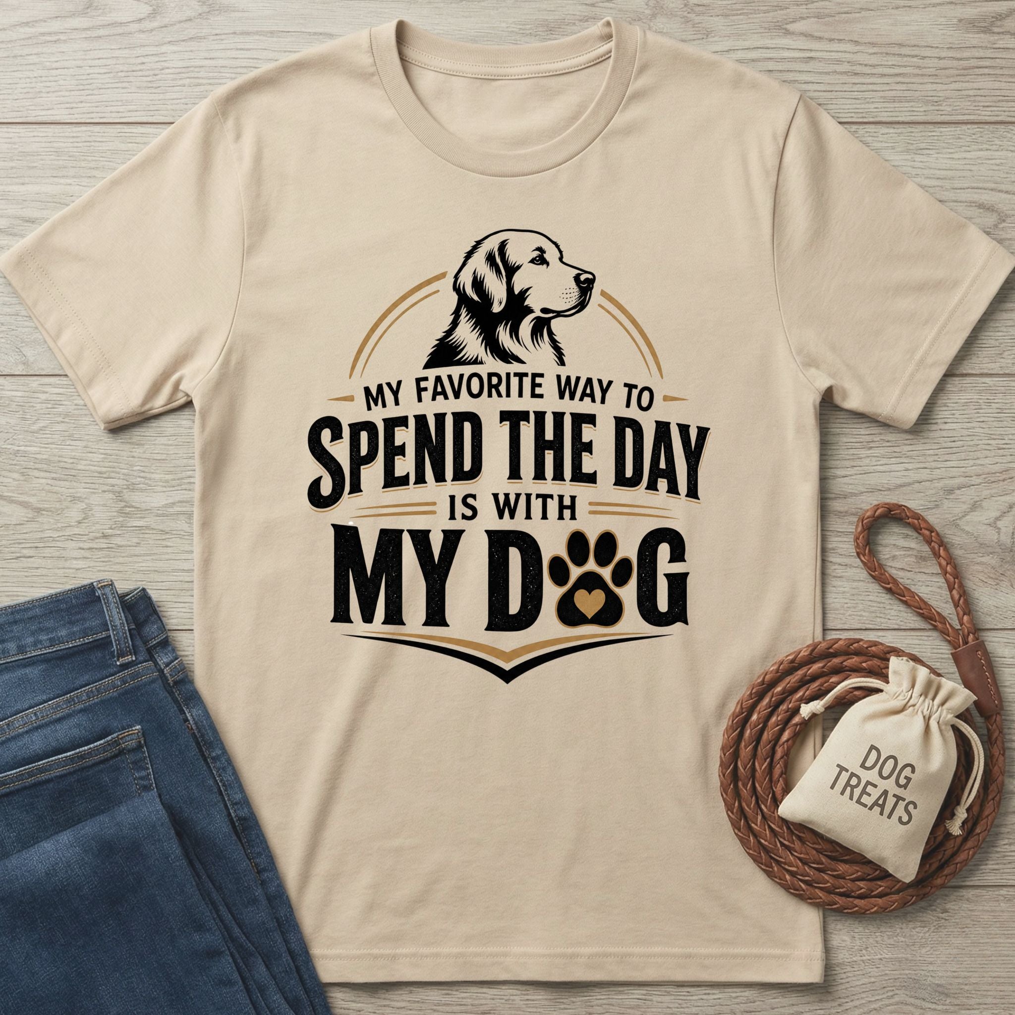 Beige crewneck T-shirt featuring a golden retriever graphic and the text My Favorite Way To Spend The Day Is With My Dog.