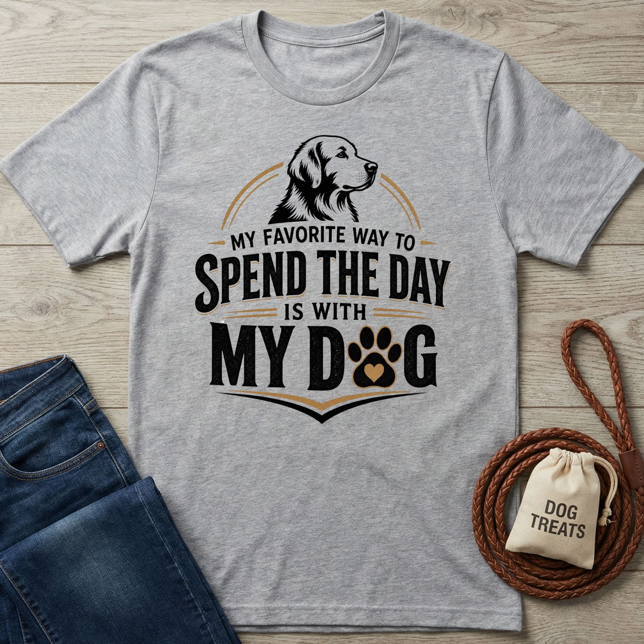 Grey crewneck t-shirt featuring a dog illustration and the text My Favorite Way To Spend The Day Is With My Dog.