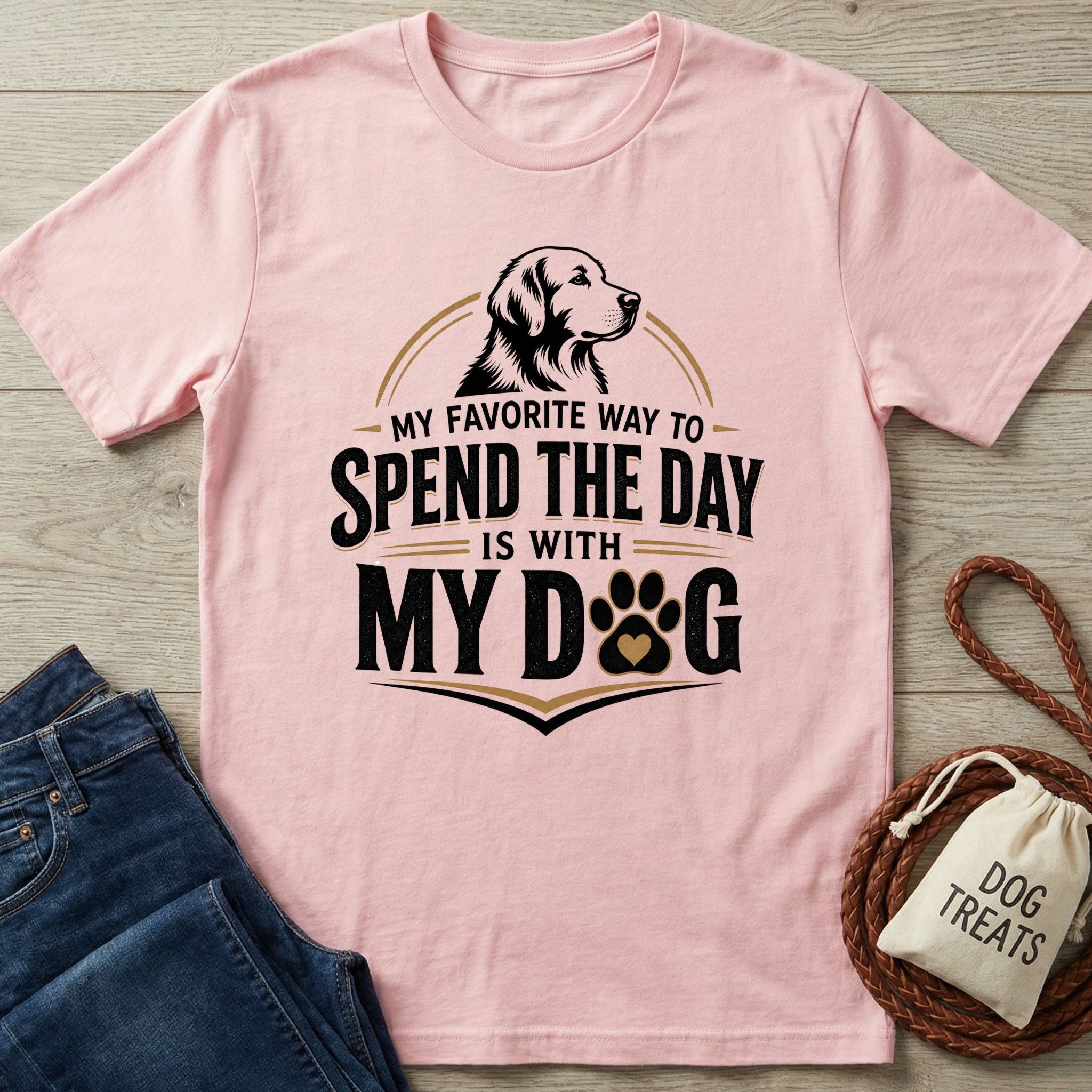 Light pink crewneck T-shirt featuring a black dog graphic and the text My Favorite Way To Spend The Day Is With My Dog.