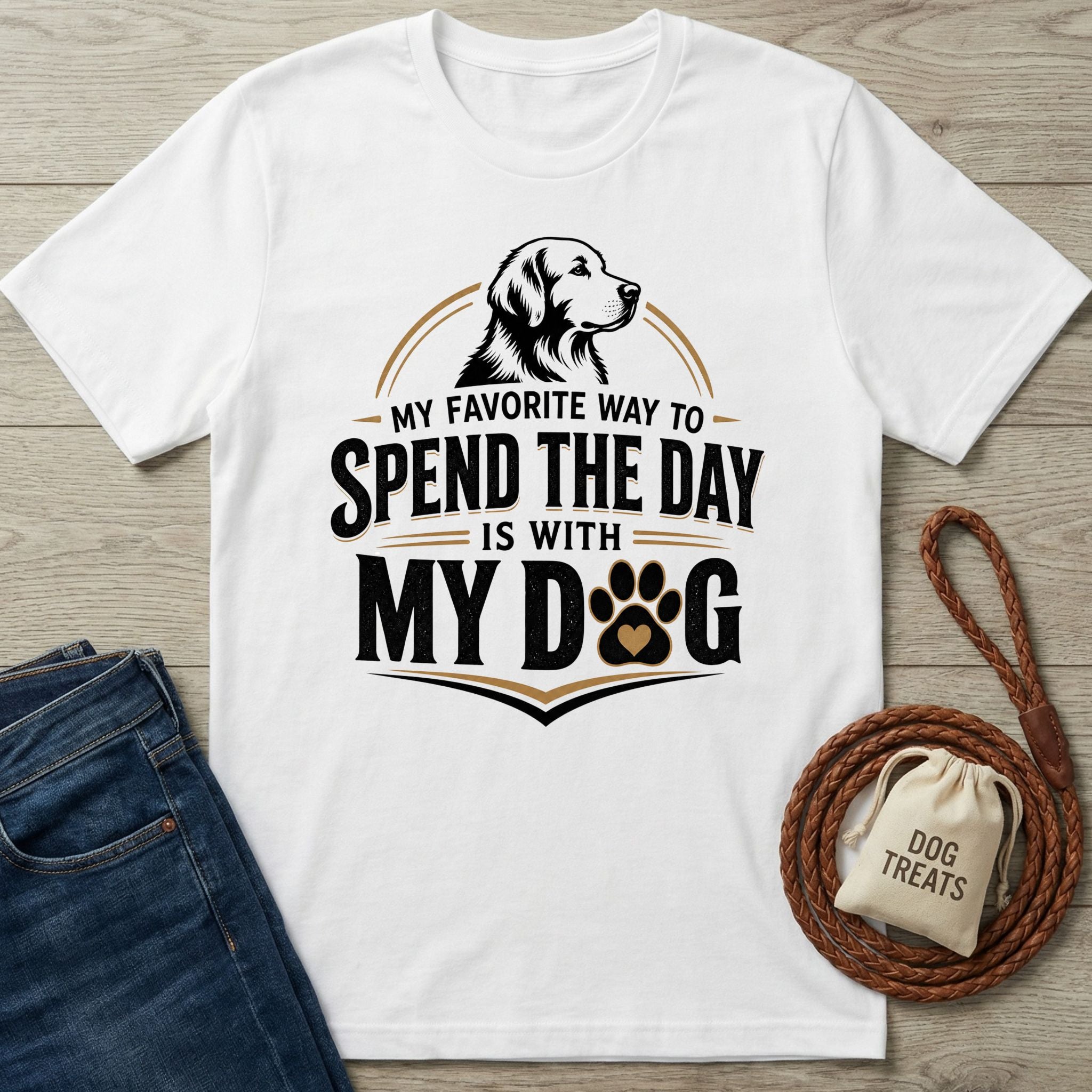 White crew neck t-shirt featuring a dog illustration and the text My Favorite Way To Spend The Day Is With My Dog.