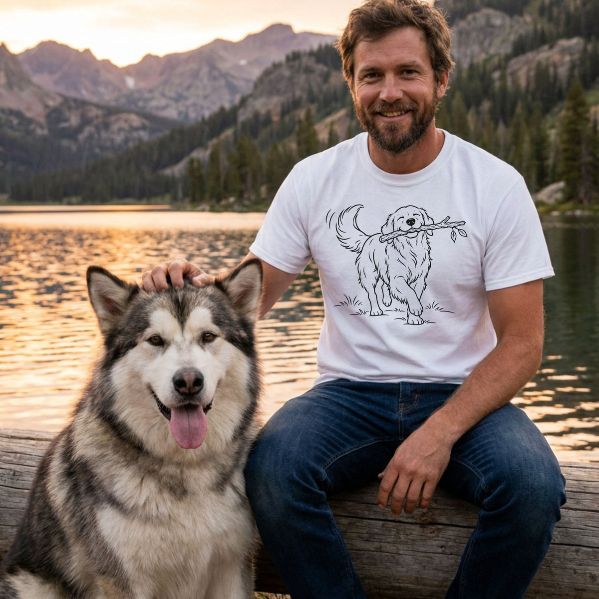 Man wearing a white cotton t-shirt featuring a minimalist black line art illustration of a dog carrying a stick.