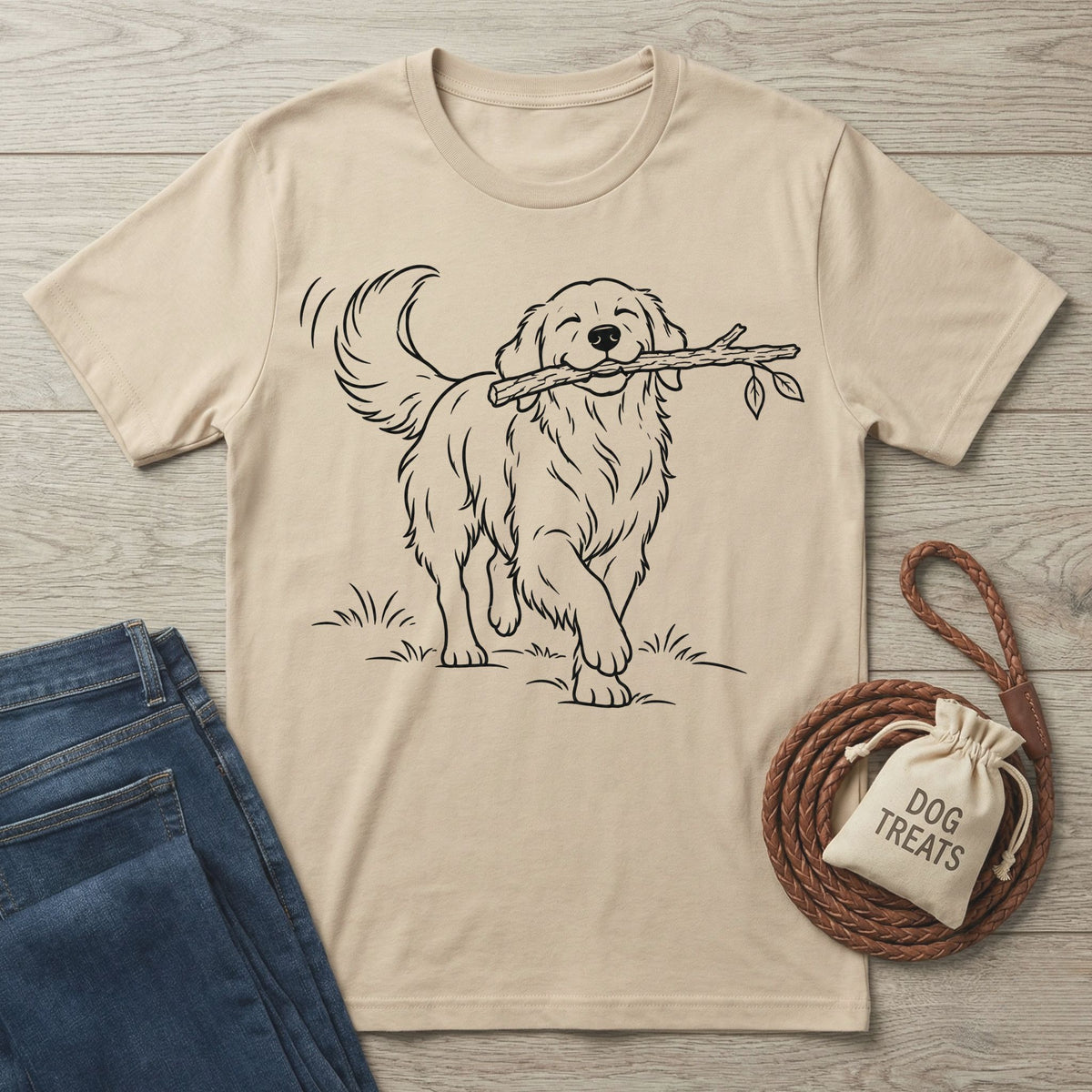 Beige crewneck t-shirt featuring a black minimalist line art illustration of a happy dog carrying a stick in its mouth.