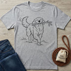 Grey crewneck t-shirt featuring a black minimalist line art illustration of a happy dog carrying a stick in its mouth.
