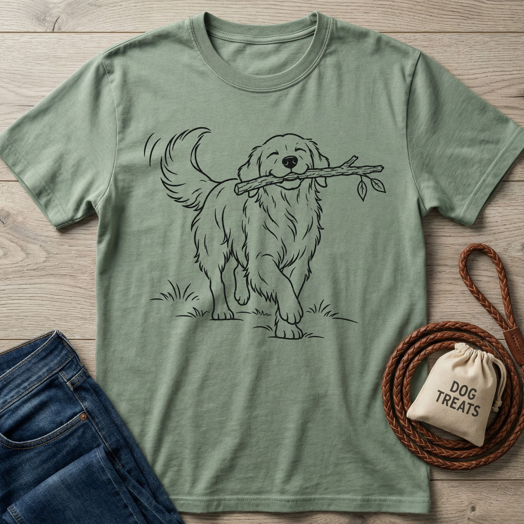 Sage green cotton t-shirt featuring a black minimalist line art drawing of a happy dog carrying a stick in its mouth.