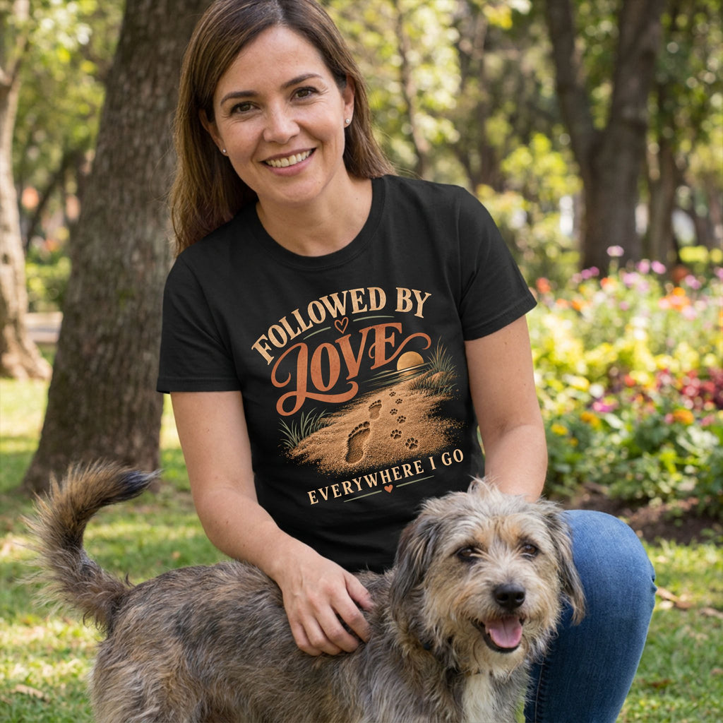 Woman wearing a black vintage-style T-shirt with a beach graphic featuring footprints and paw prints, petting a dog.