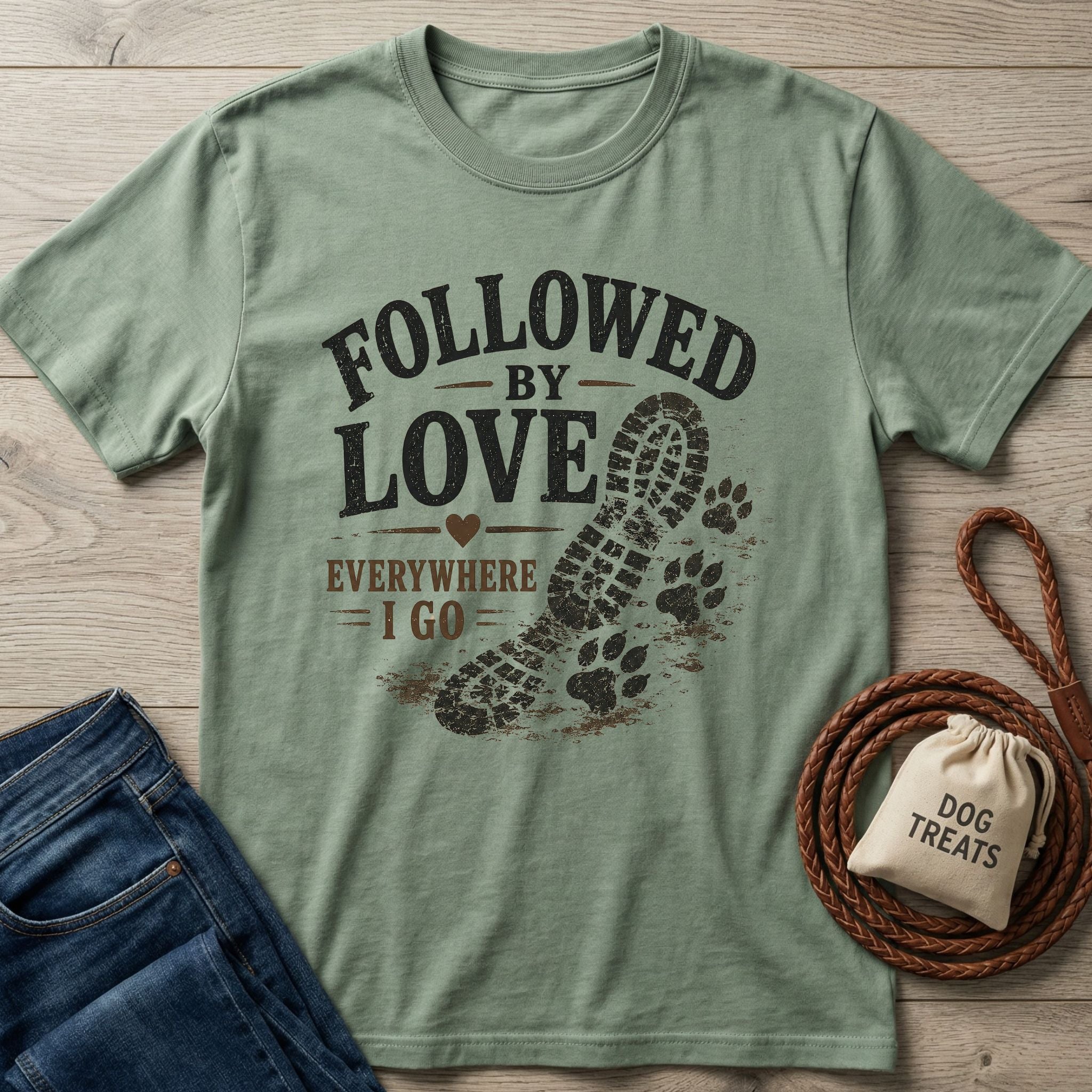 Sage green "Followed By Love Everywhere I Go" t-shirt with a boot print and paw prints.