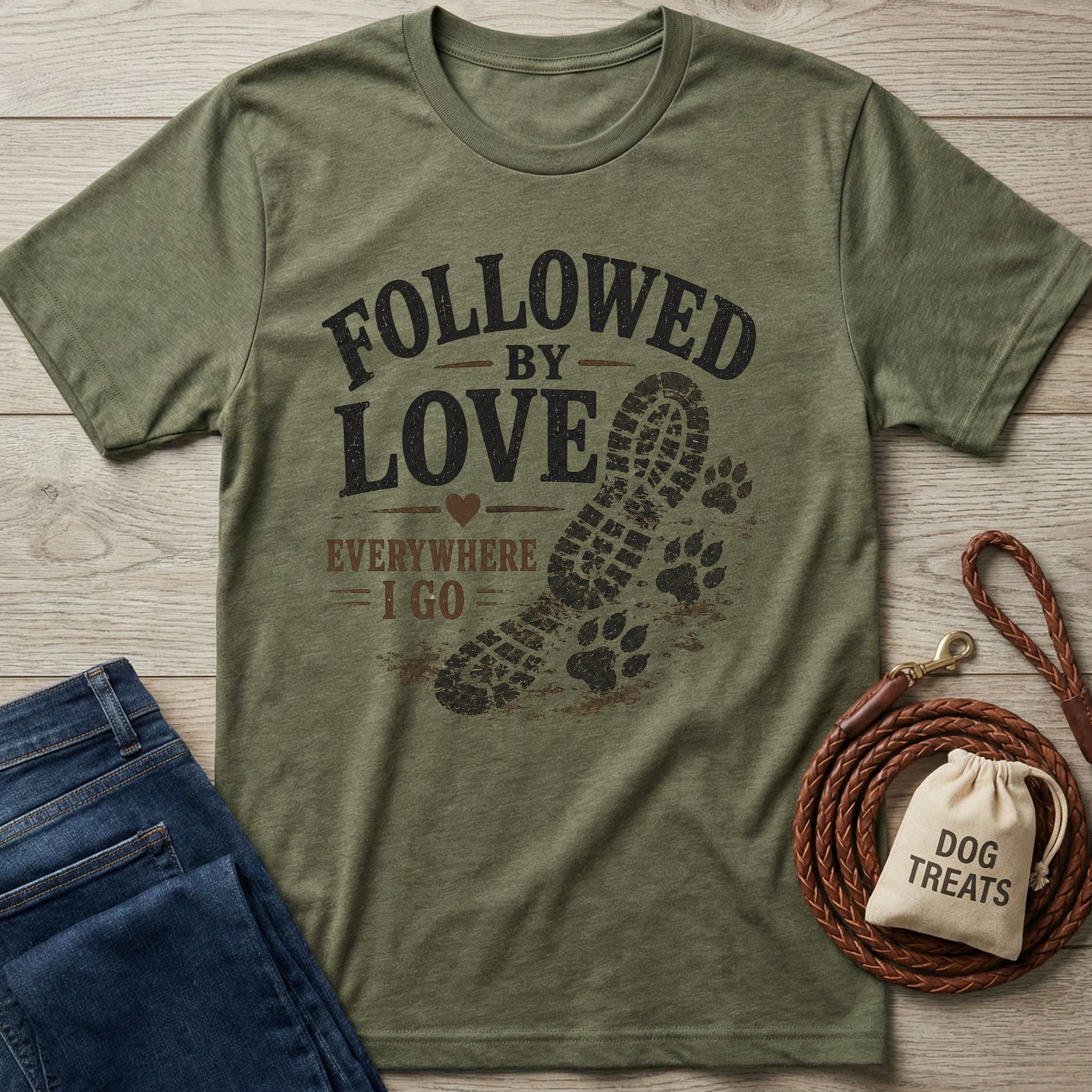 Olive green "Followed By Love Everywhere I Go" t-shirt with a boot print and paw prints, next to jeans and dog treats.