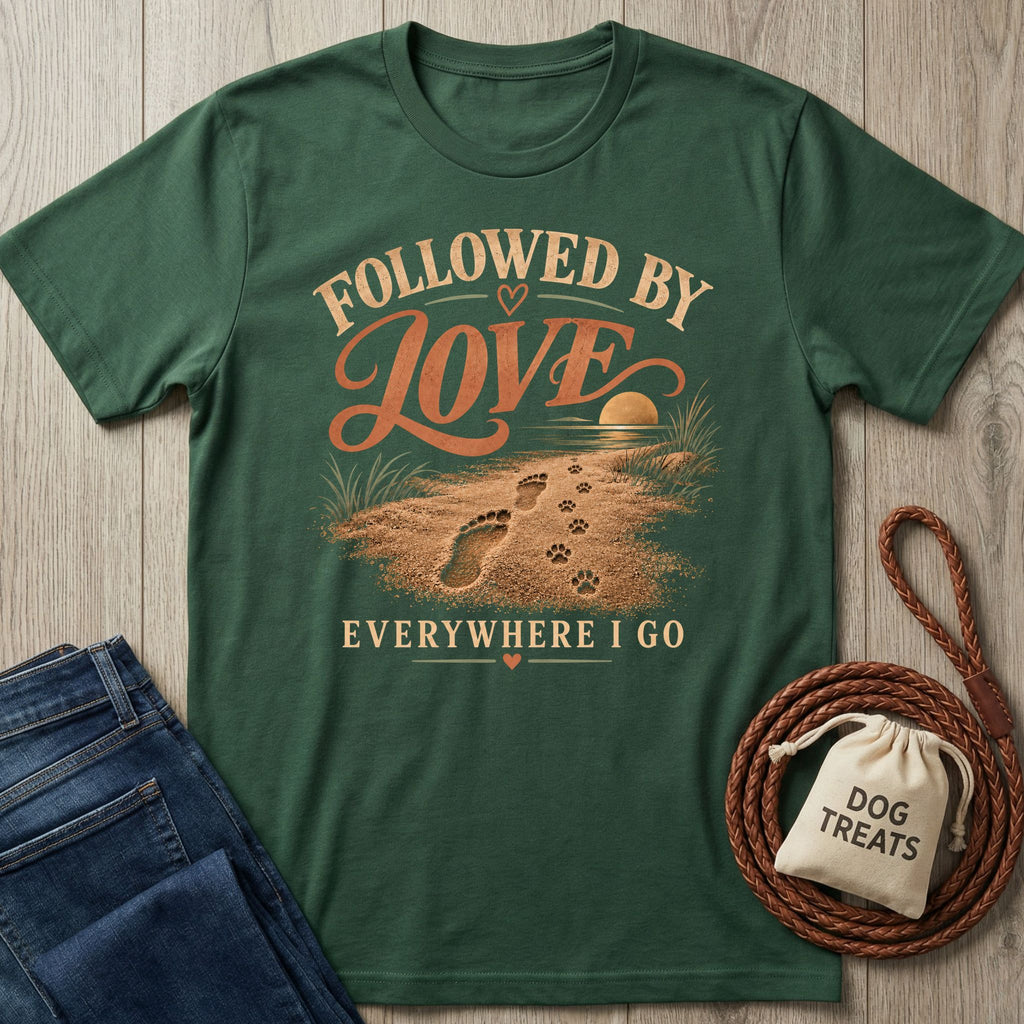 Forest green cotton T-shirt featuring a beach graphic with human footprints and dog paw prints, text reads Followed By Love.