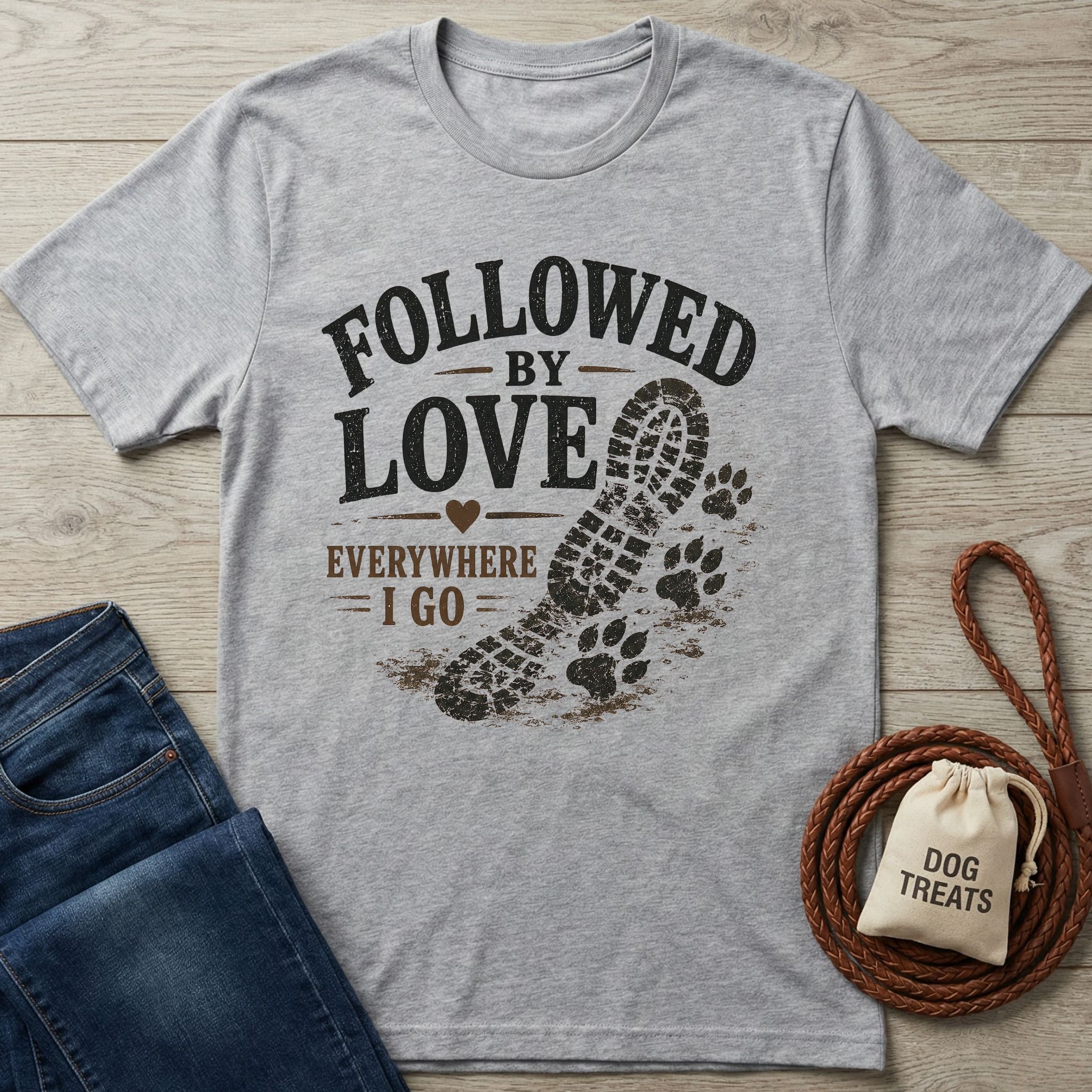 Heather gray "Followed By Love" t-shirt with a boot print and paw prints, next to jeans and dog treats.