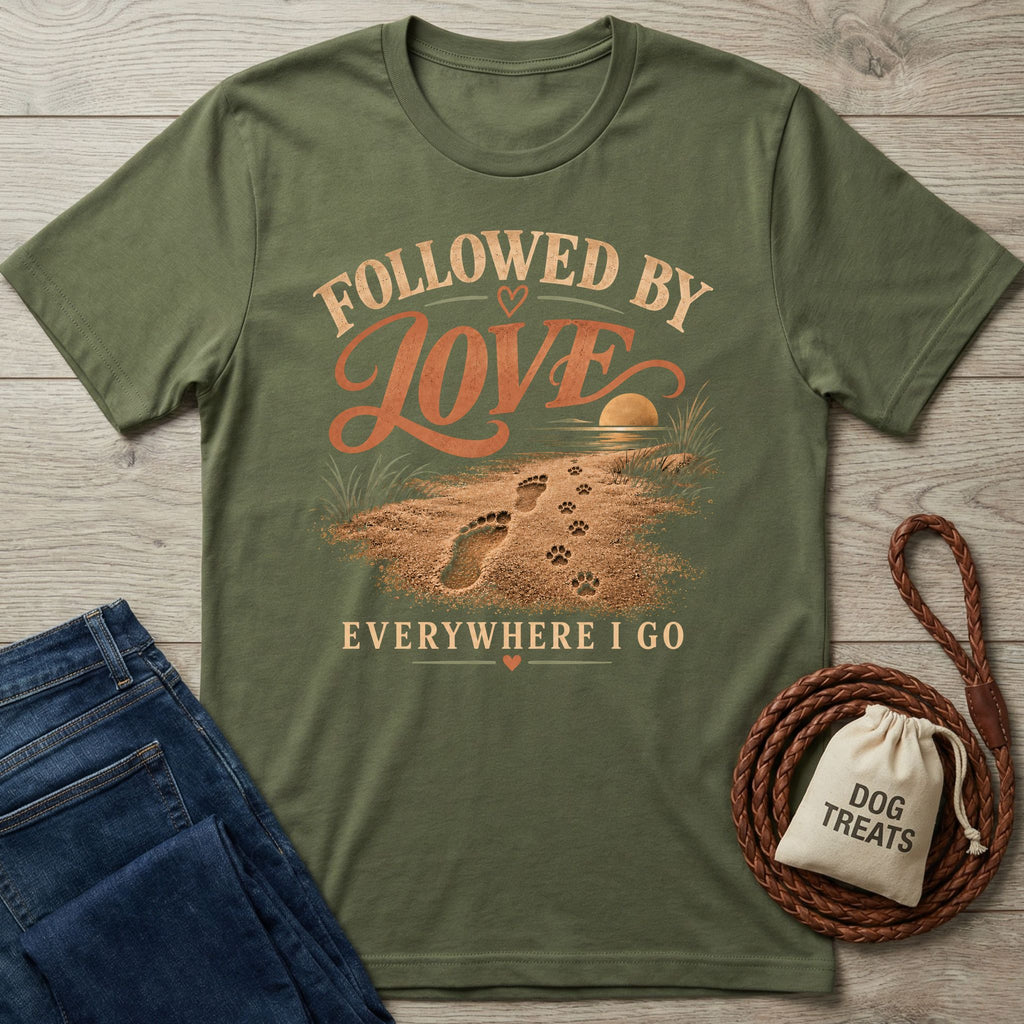 Olive green vintage-style T-shirt featuring a beach graphic with human footprints, paw prints, and the text Followed By Love.