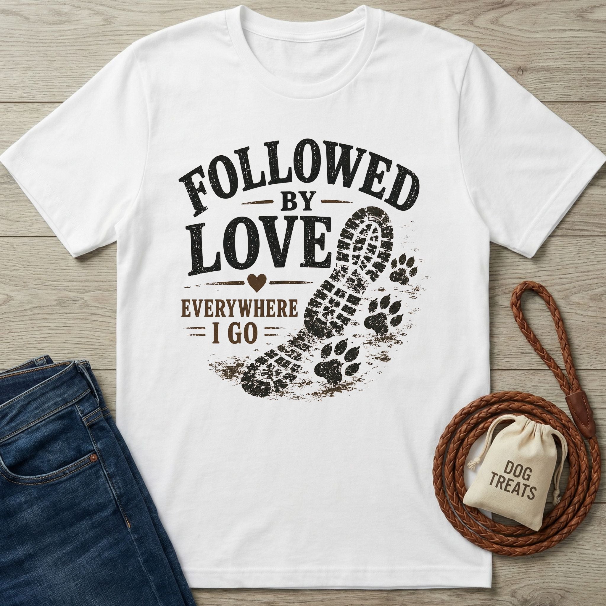White cotton t-shirt with "Followed By Love Everywhere I Go" text, a boot print, and paw prints.