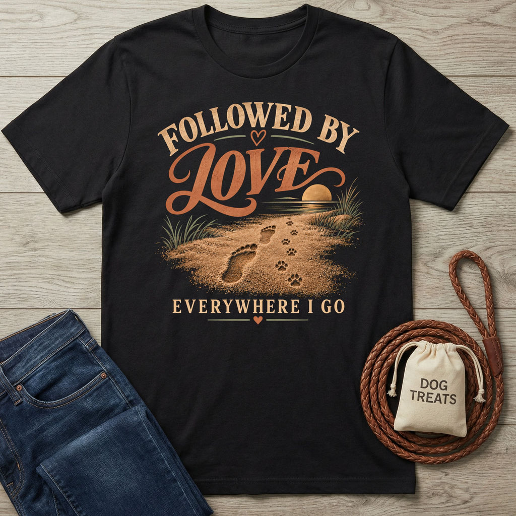 Black vintage-style T-shirt featuring a beach graphic with human footprints and dog paw prints, text reading Followed By Love.