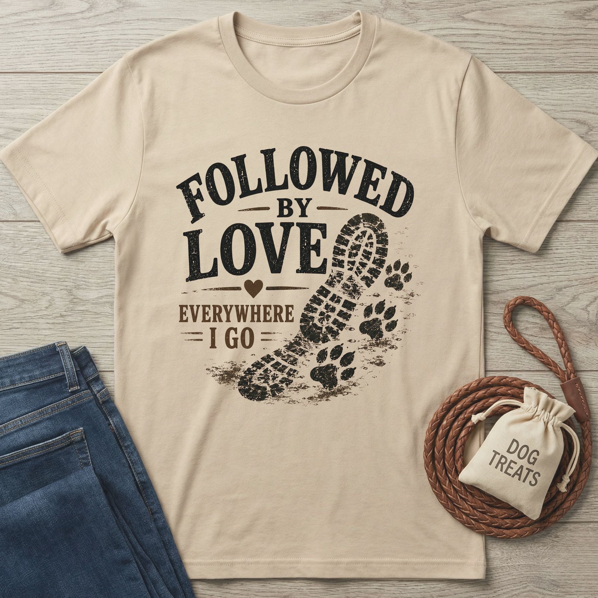 Beige cotton t-shirt with "Followed By Love Everywhere I Go" text, a boot print, and paw prints.