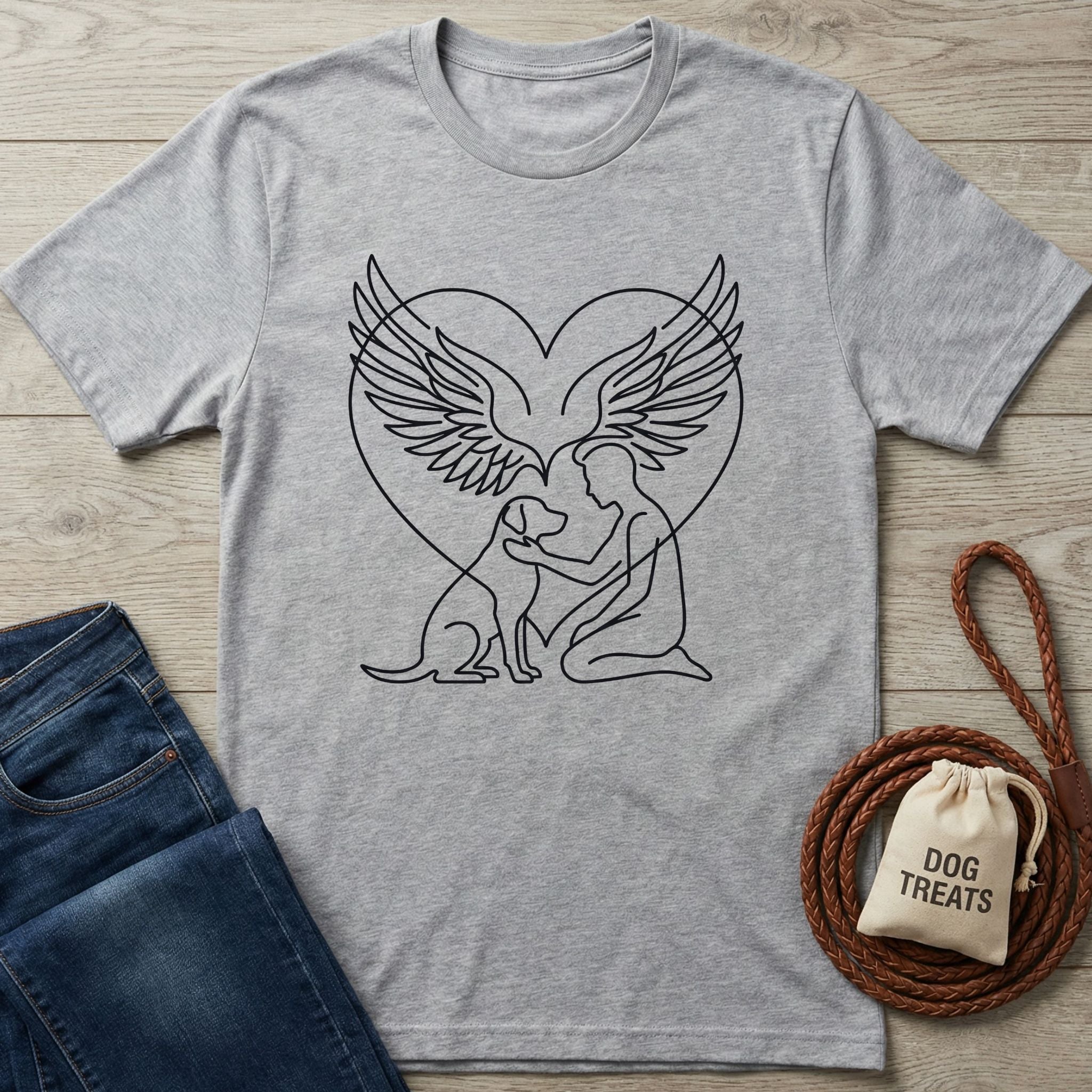 Gray t-shirt with a black line-art design of a person embracing a dog within angel wings and a heart.