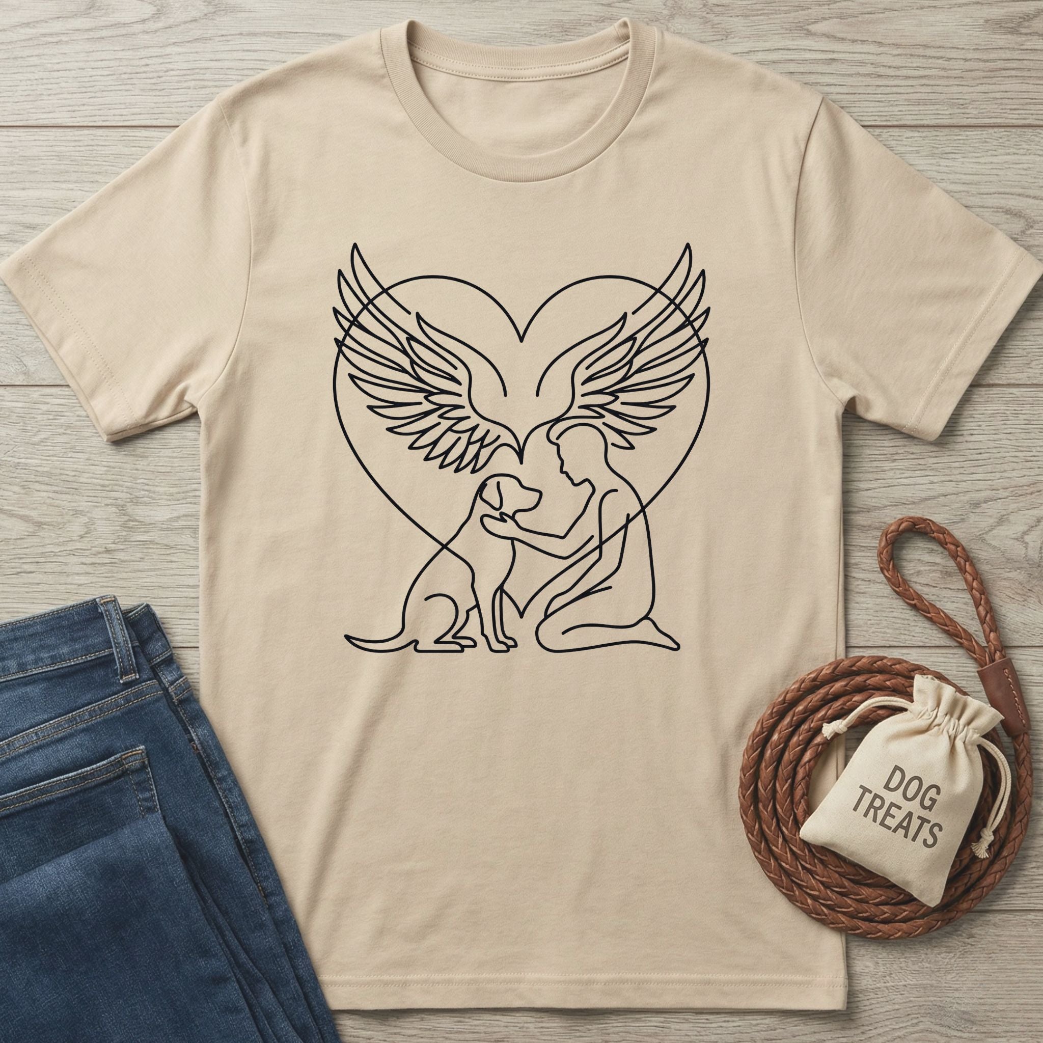 Beige "Forever In My Heart" T-shirt with black line art of a person, dog, and angel wings.