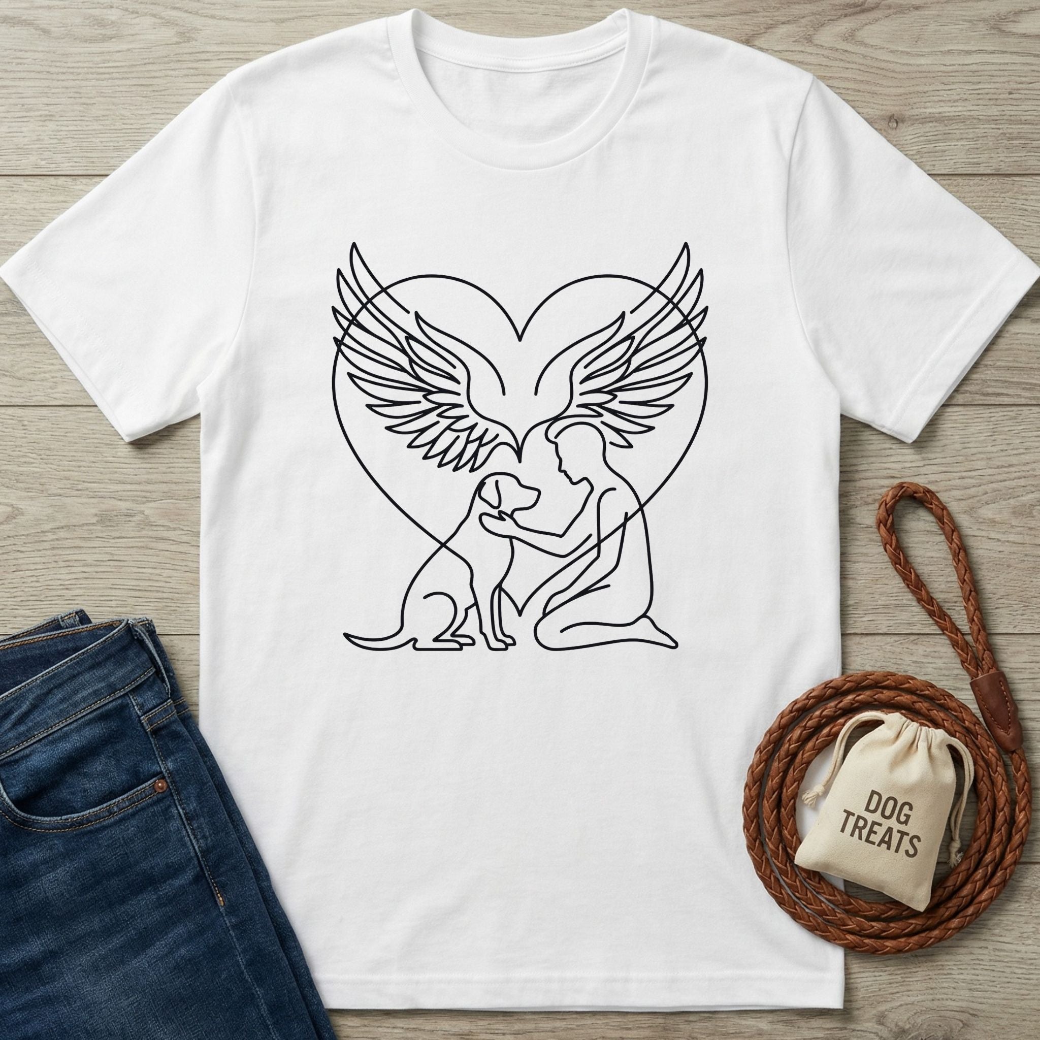 White cotton t-shirt with a black line-art design of a person embracing a dog within angel wings and a heart.