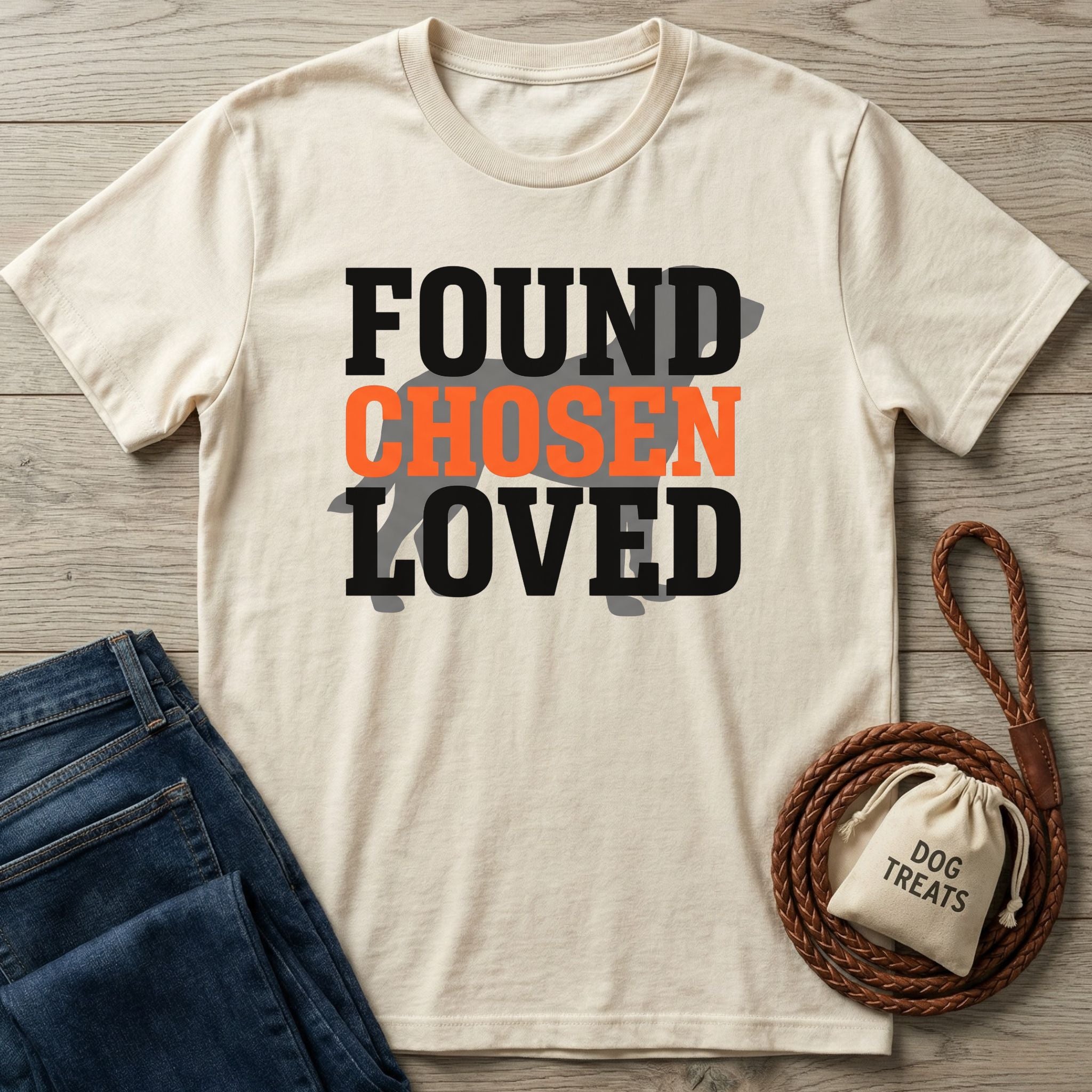 Cream Gildan Softstyle® t-shirt with "FOUND CHOSEN LOVED" text, dark jeans, and dog treats bag.