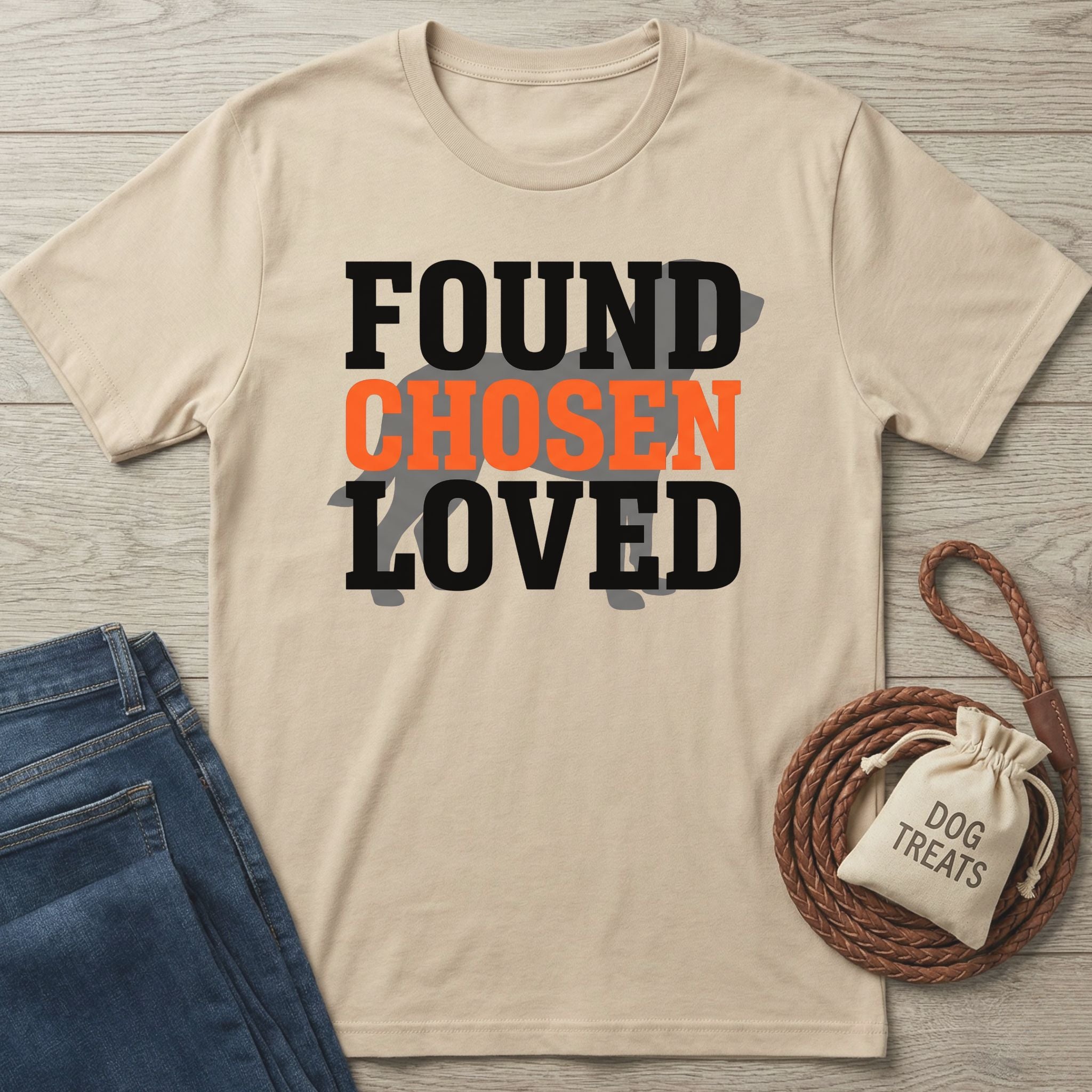 Beige Gildan Softstyle® t-shirt with "FOUND CHOSEN LOVED" text and a dog silhouette, next to jeans and dog treats.