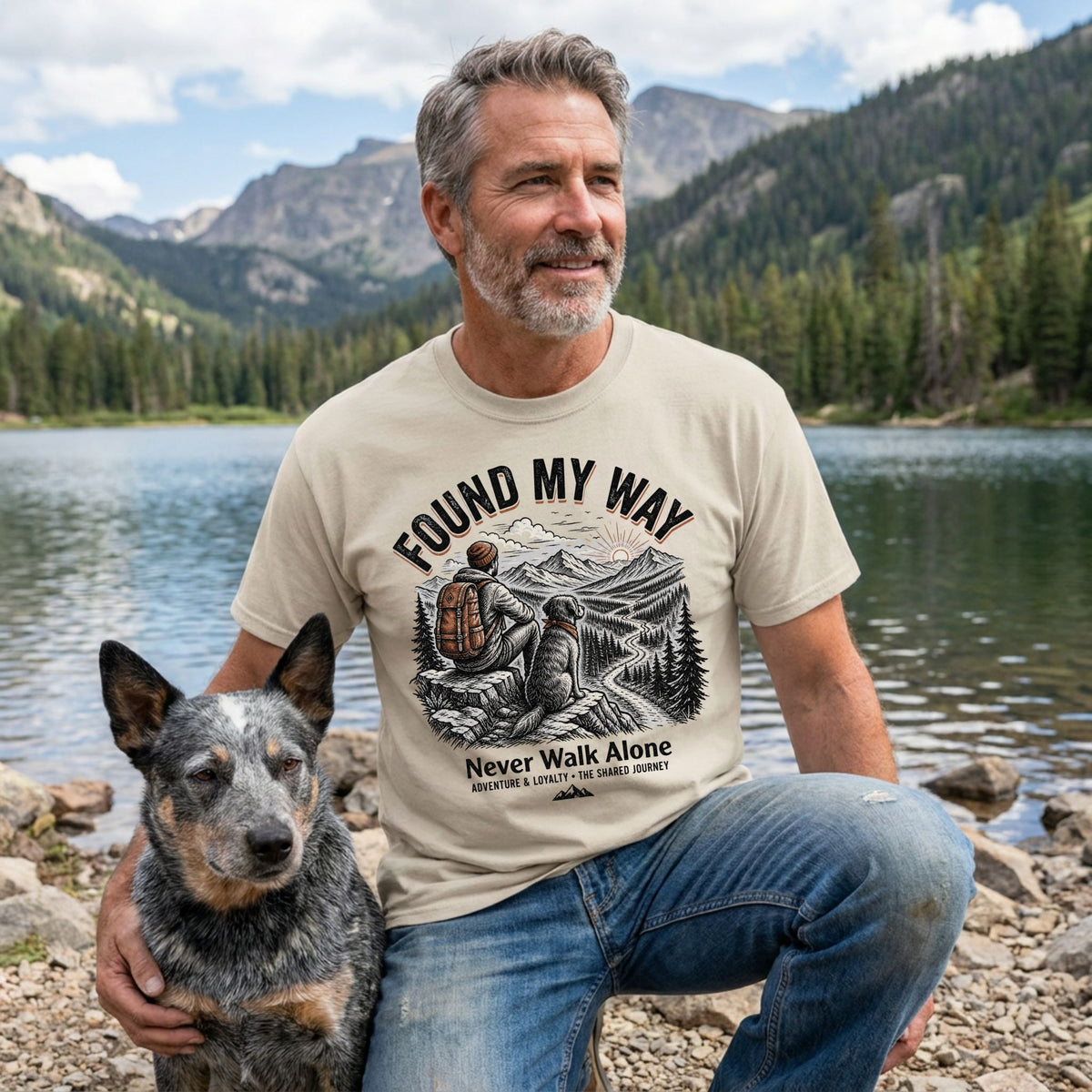 Man in a beige "Found My Way" graphic tee with a hiking dog design, kneeling by a lake with a blue heeler.