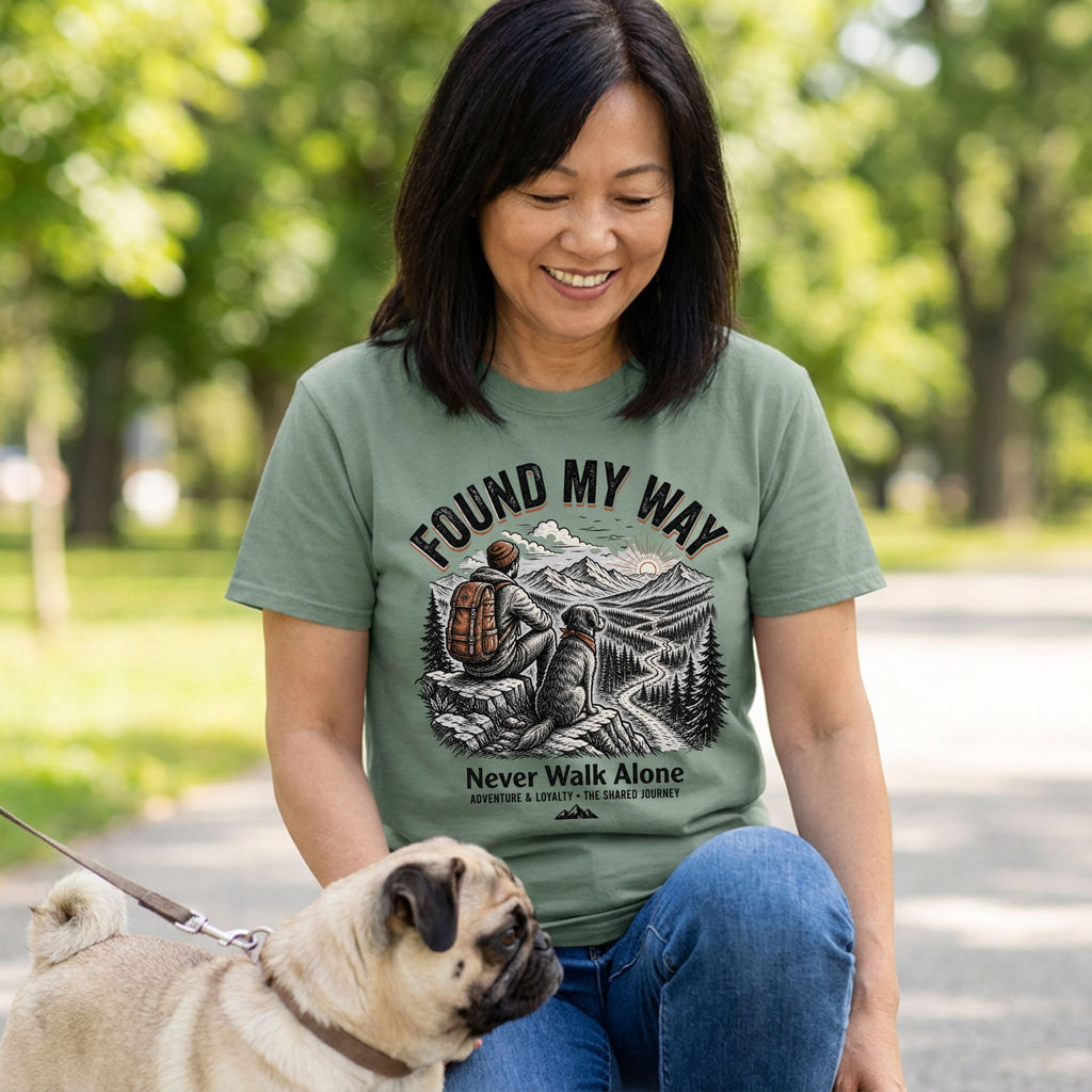 Woman in an olive green "Found My Way" graphic tee with a hiking dog design, petting a pug outdoors.