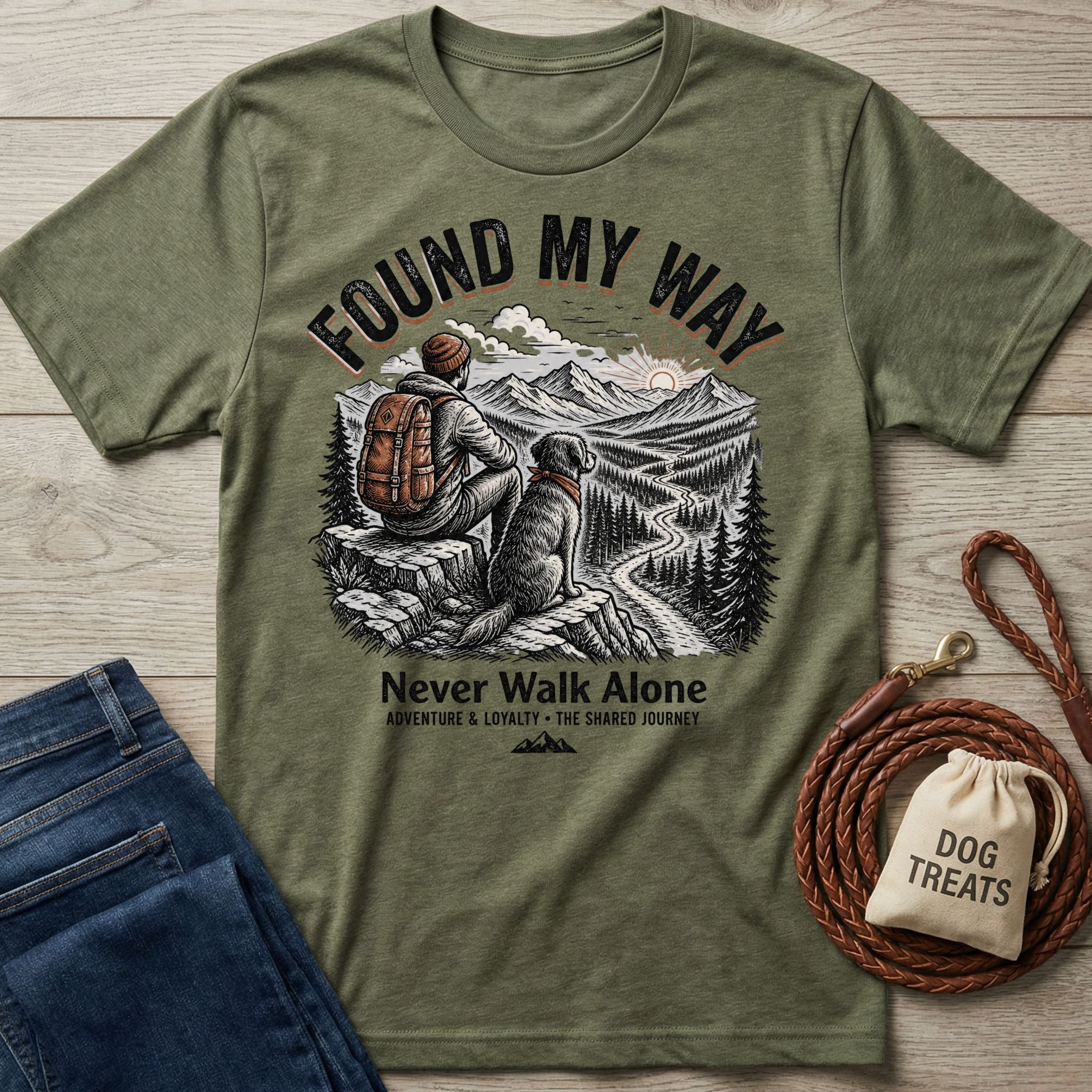 Olive green "Found My Way" t-shirt with a graphic of a person, dog, and mountain landscape.