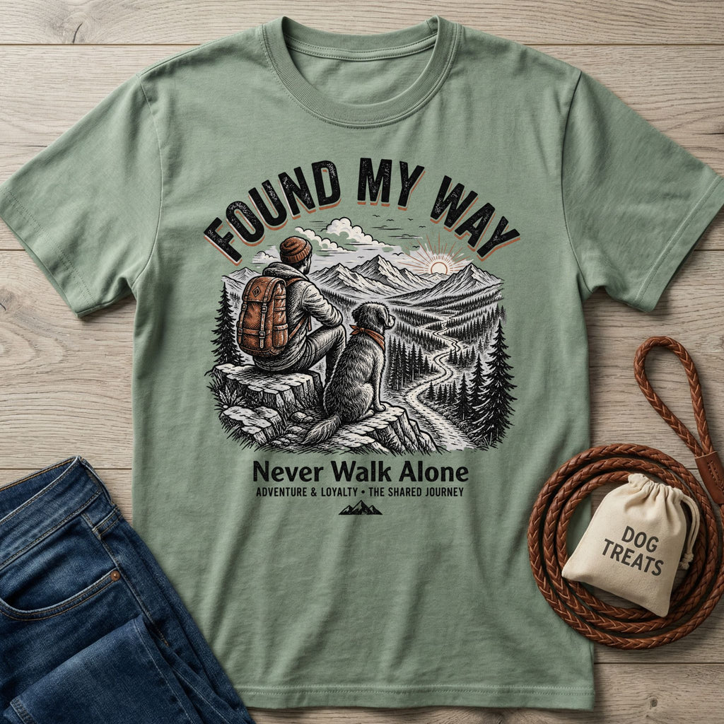 Sage green "Found My Way" t-shirt with a graphic of a person and dog on a mountain trail.