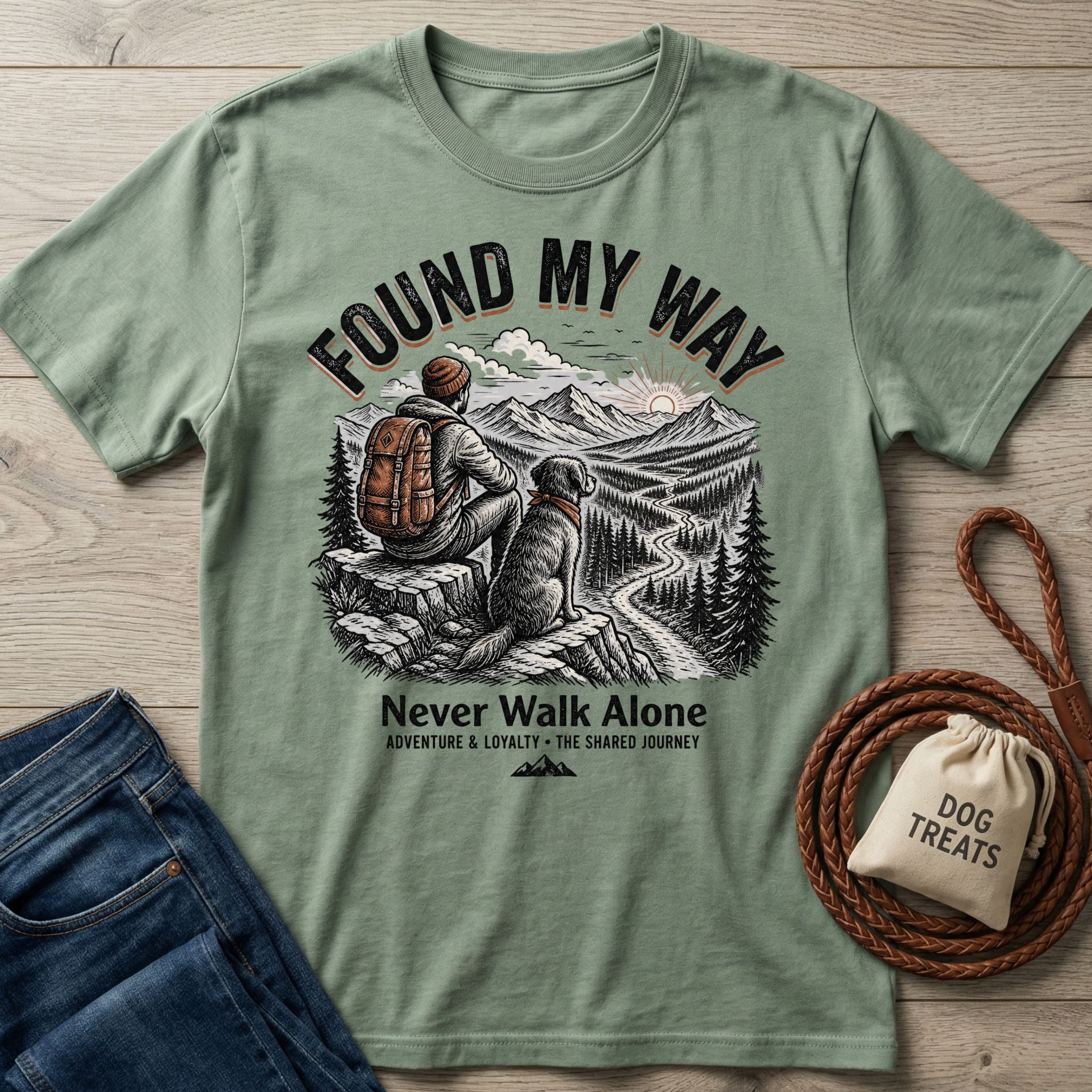 Sage green "Found My Way" t-shirt with a graphic of a person and dog on a mountain trail.