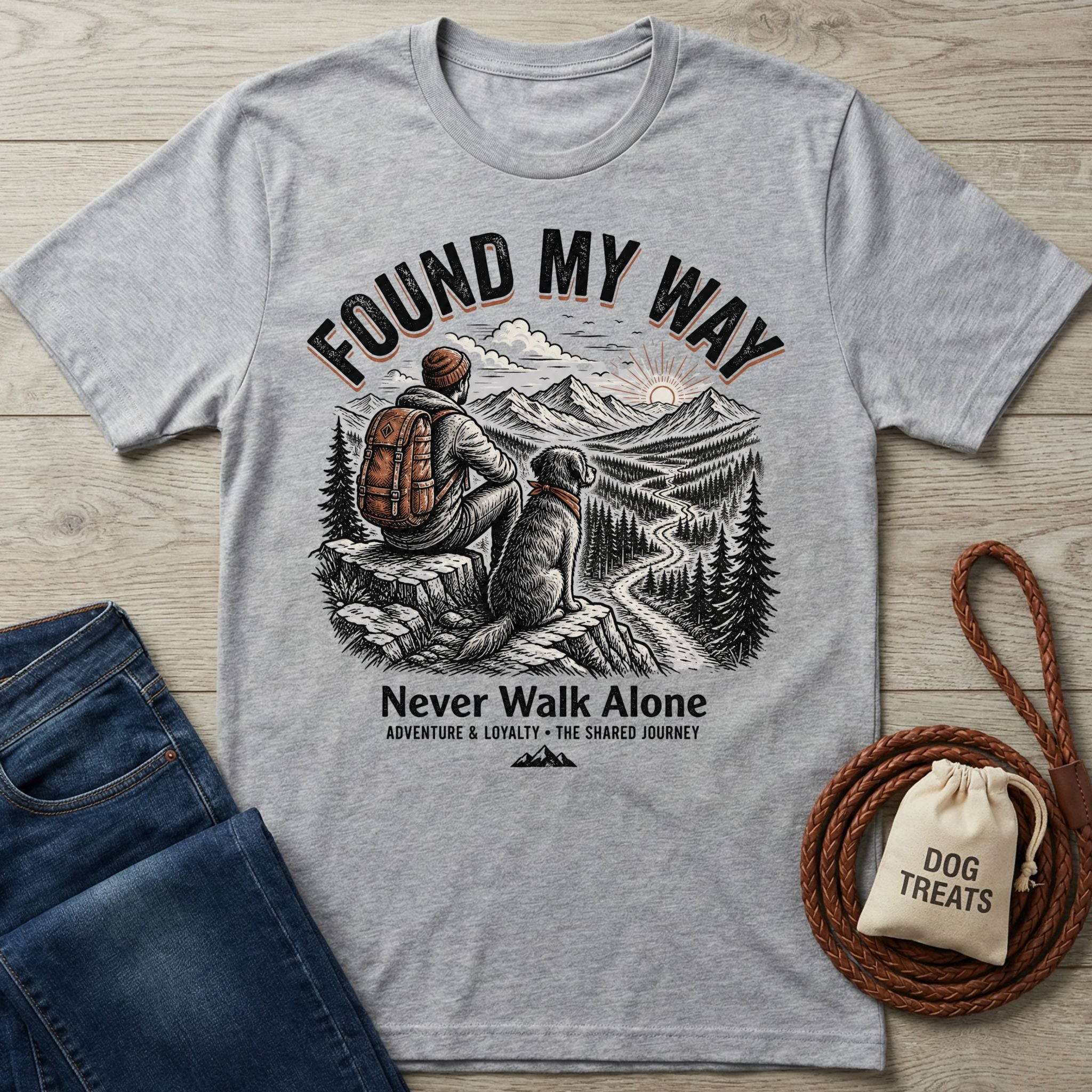 Light grey Gildan Softstyle t-shirt with "Found My Way" graphic featuring a person and dog hiking.