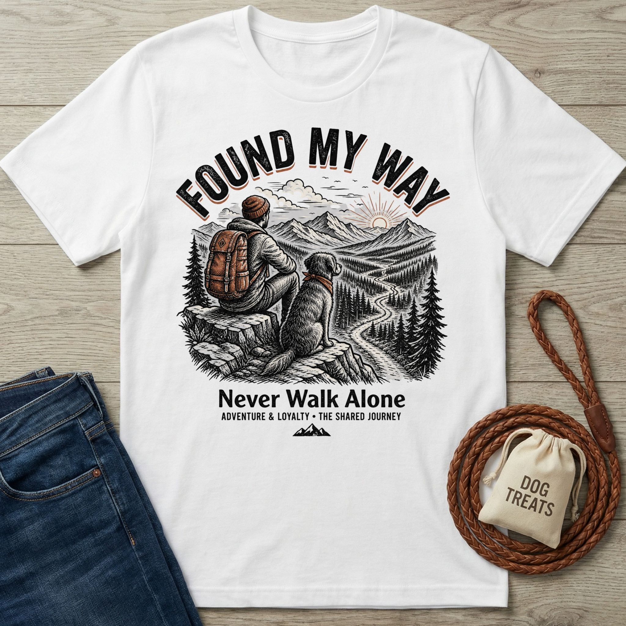 White Gildan Softstyle t-shirt with "Found My Way" graphic featuring a person and dog hiking.
