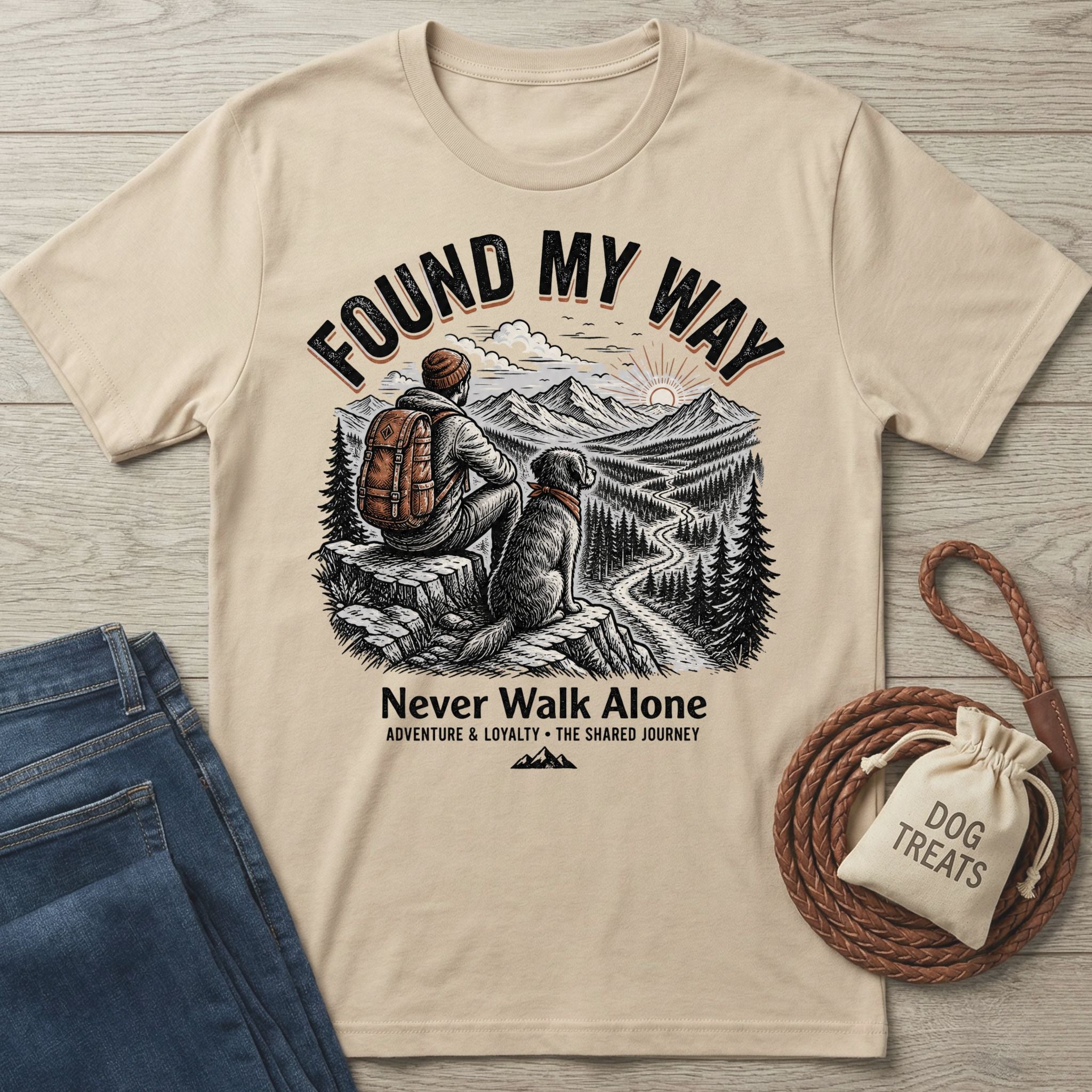 Found My Way T-shirt in sand with a graphic of a person and dog hiking, surrounded by jeans and dog treats.