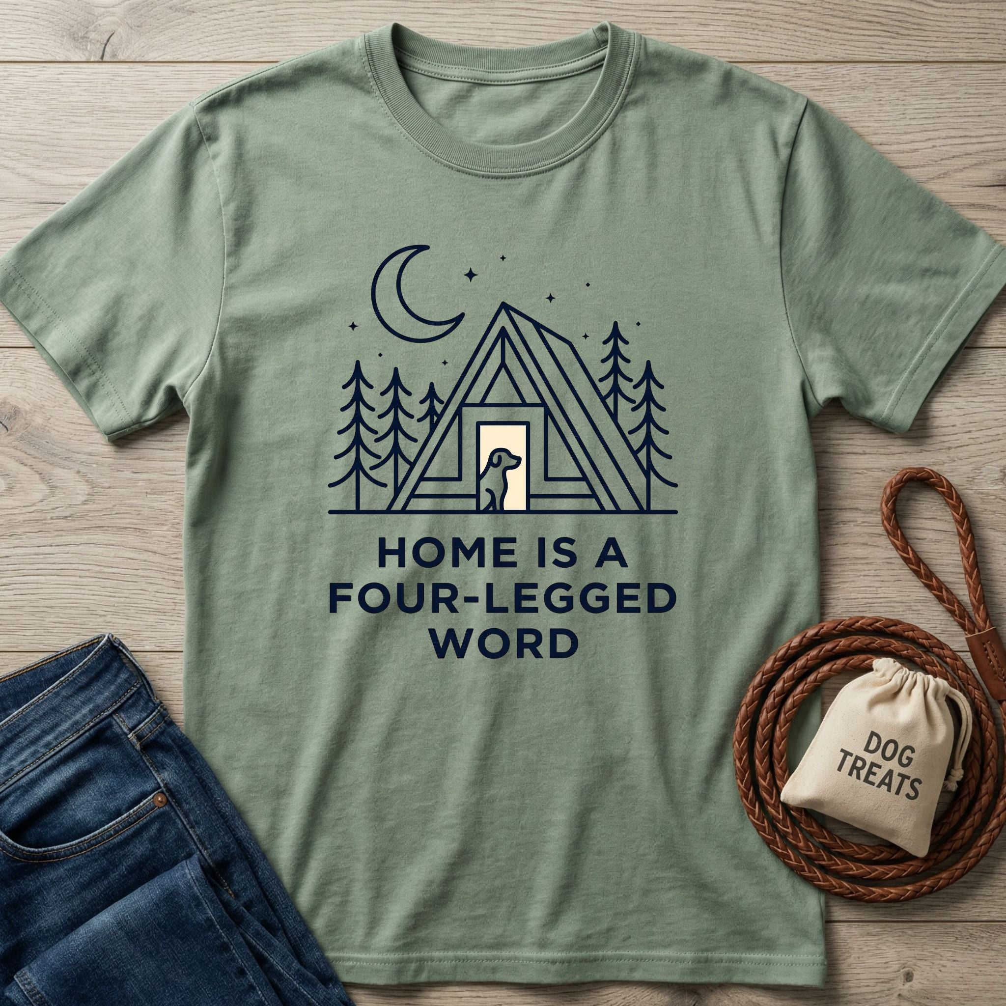 Sage green Gildan Softstyle t-shirt with "Home is a Four-Legged Word" graphic, dog in A-frame cabin, moon, and trees.