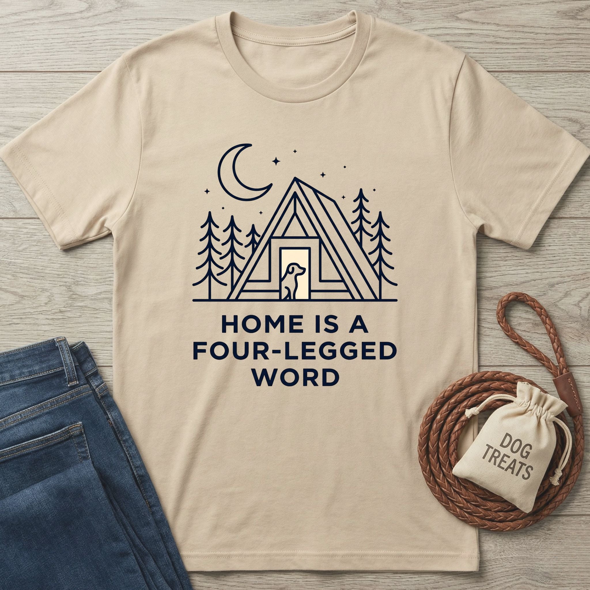 Tan Gildan Softstyle t-shirt with "Home is a Four-Legged Word" graphic, dog, cabin, and trees.